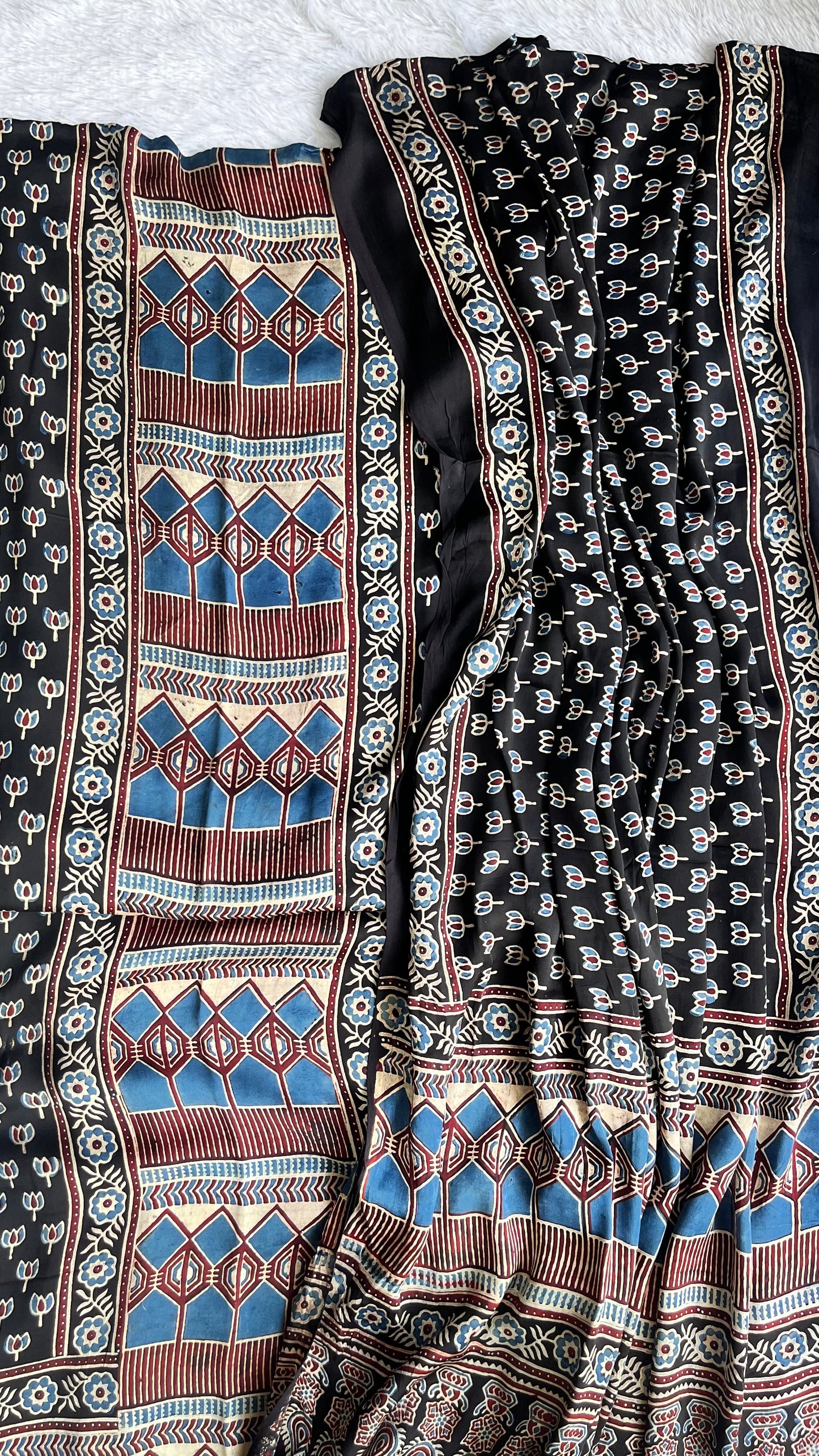 Black Grid and Kamal Buti Motif Ajrakh Hand Block Modal Silk 2 pc Suit Material Set