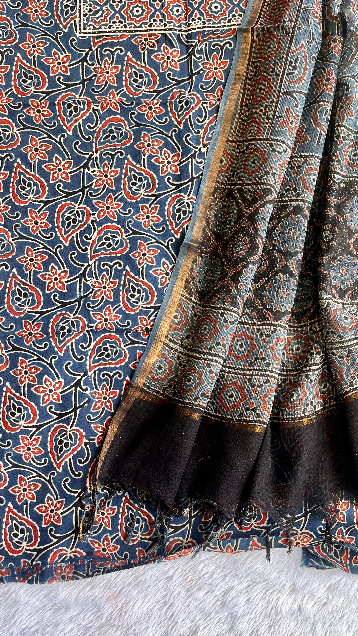 Blue Floral Pure Cotton Ajrakh Unstitched Suit Set with Ajrakh Kota Doria Dupatta
