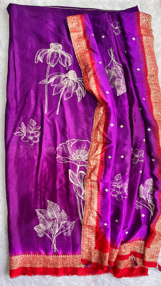 Ravishing Purpel Dola Silk Hand Brush Print 2pc Suit Material Set with Zari Pallu and Full Finish with Tassels