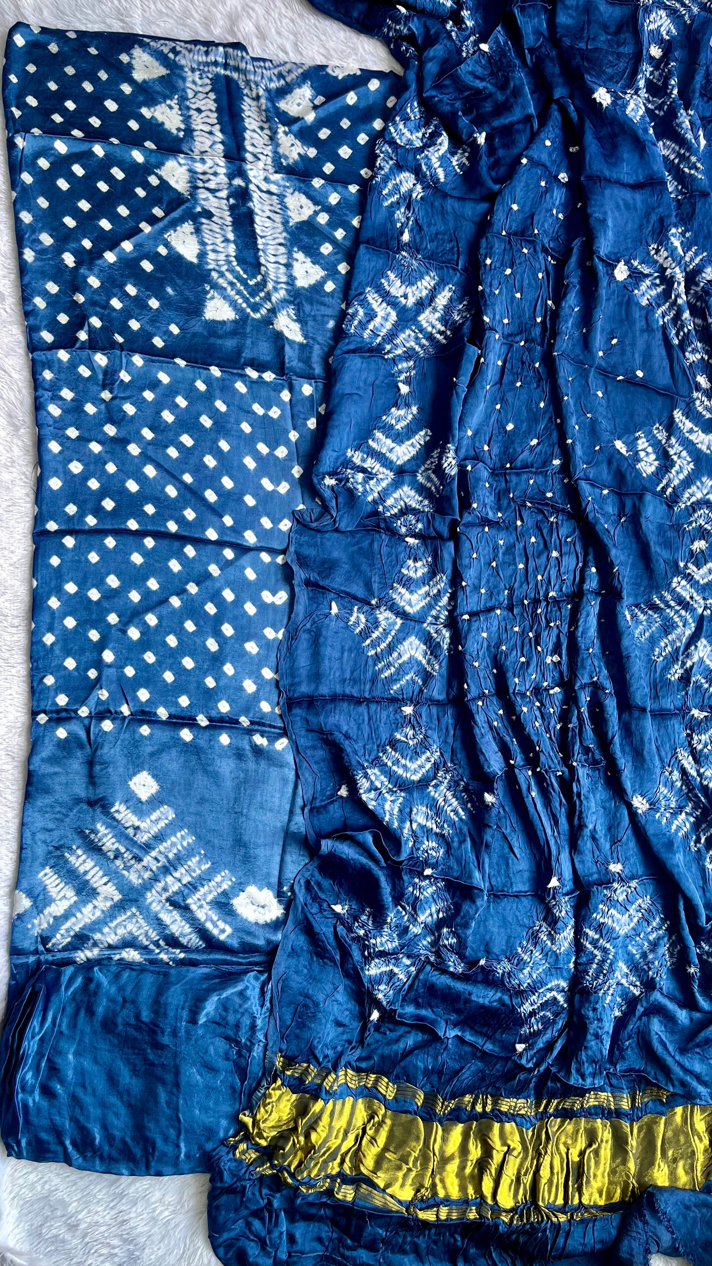 Ink Blue Bandhej Semi Modal Silk 3 pc Suit Set with Lagdi Patti Dupatta