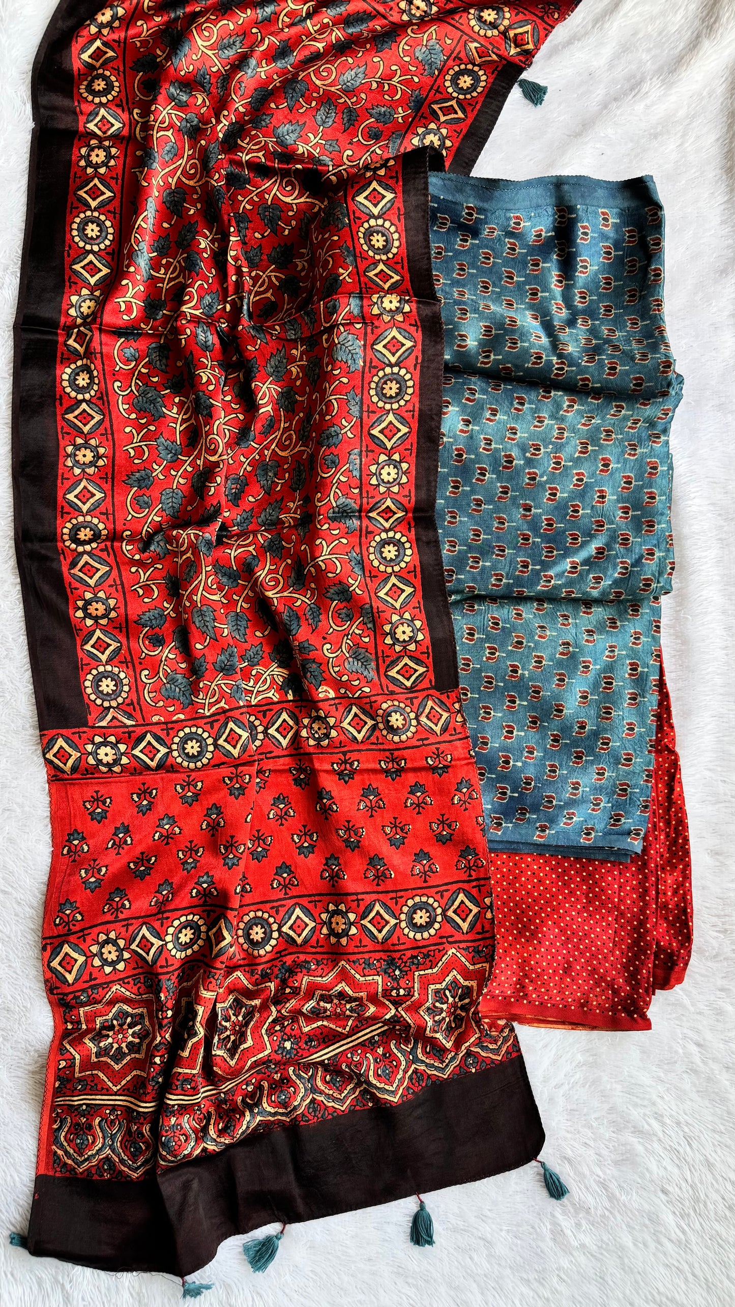 Blue Kamal Buti Motif Mashru 3 pc Suit Set with Ajrakh Mashru Tasseled Silk Stole