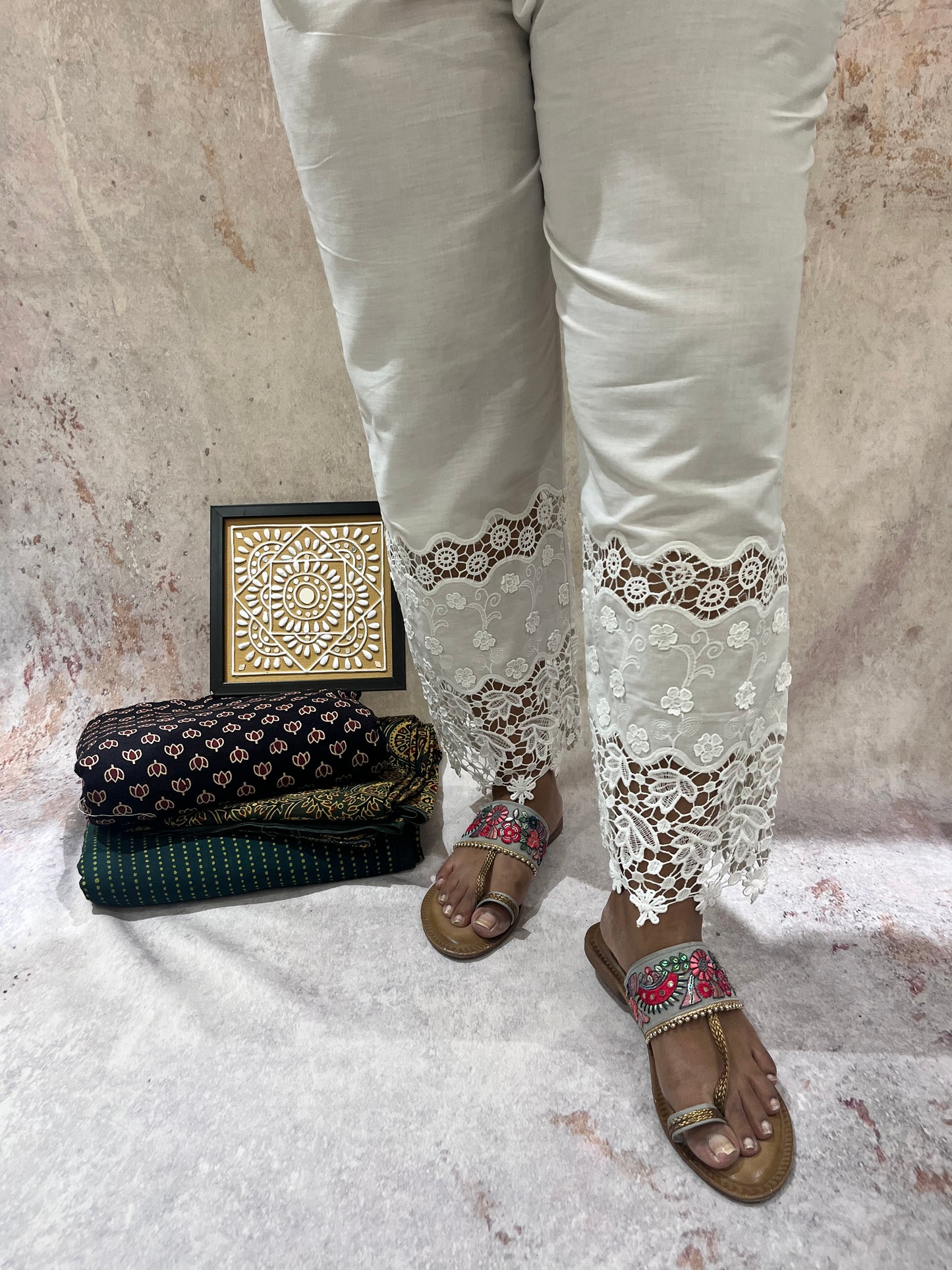 Dazzling White Cotton Cut Work Lace Pants
