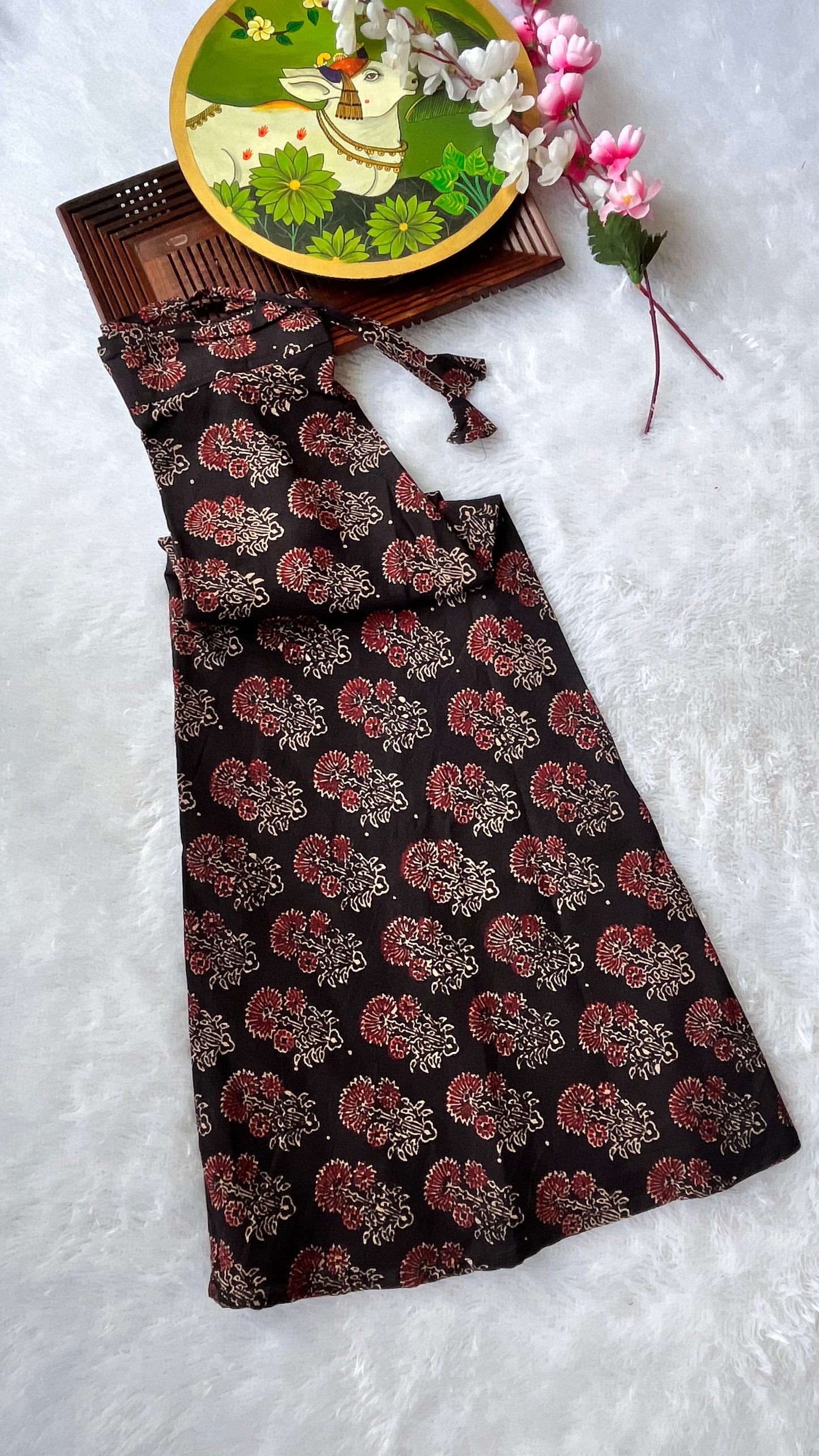 Black Paisley Motif Cotton Ajrakh Long Flared Skirt