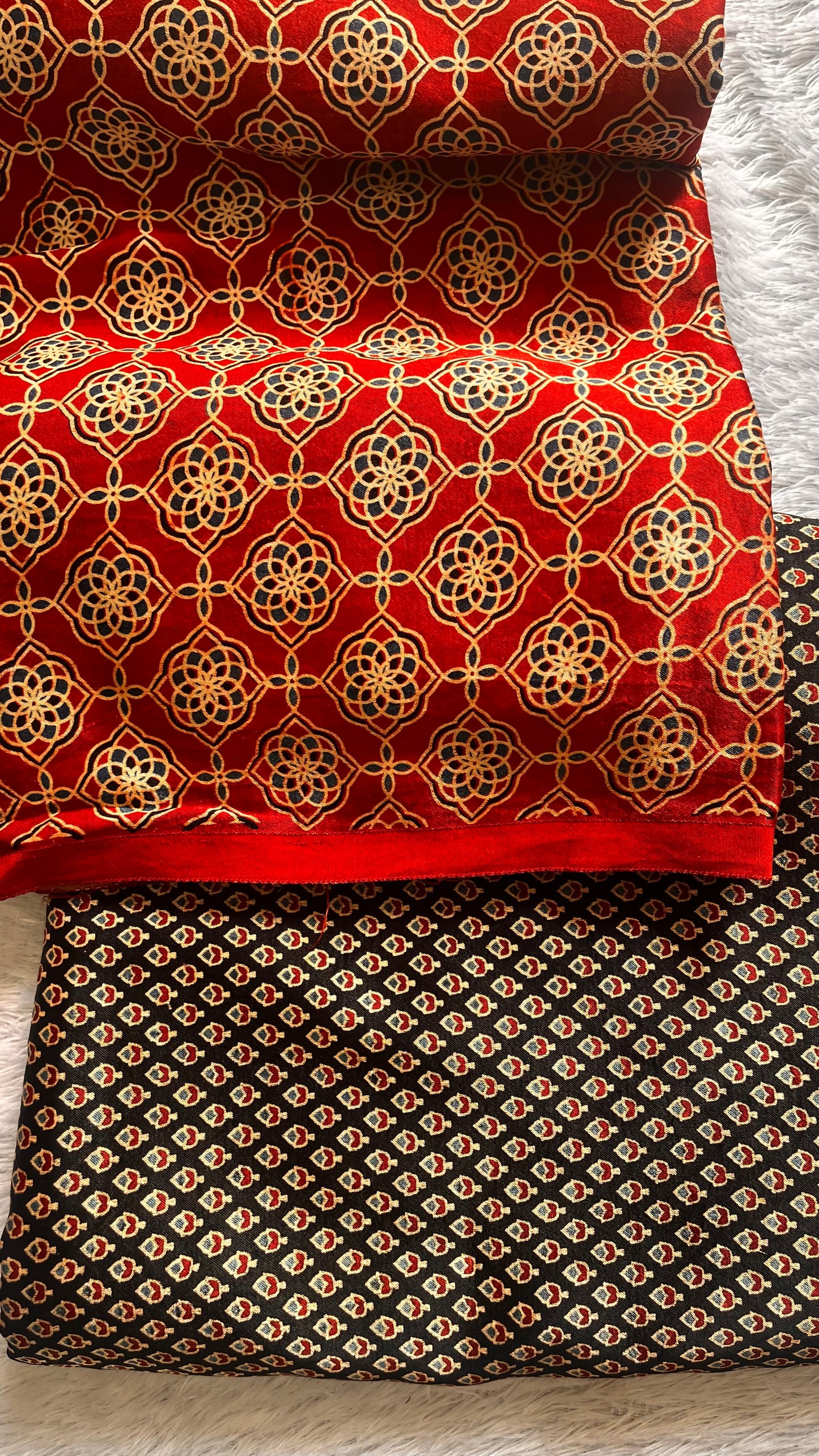 Red and Black Jaal Motif and Asopallav Ajrakh Mashru Silk Kurta Pant Fabric