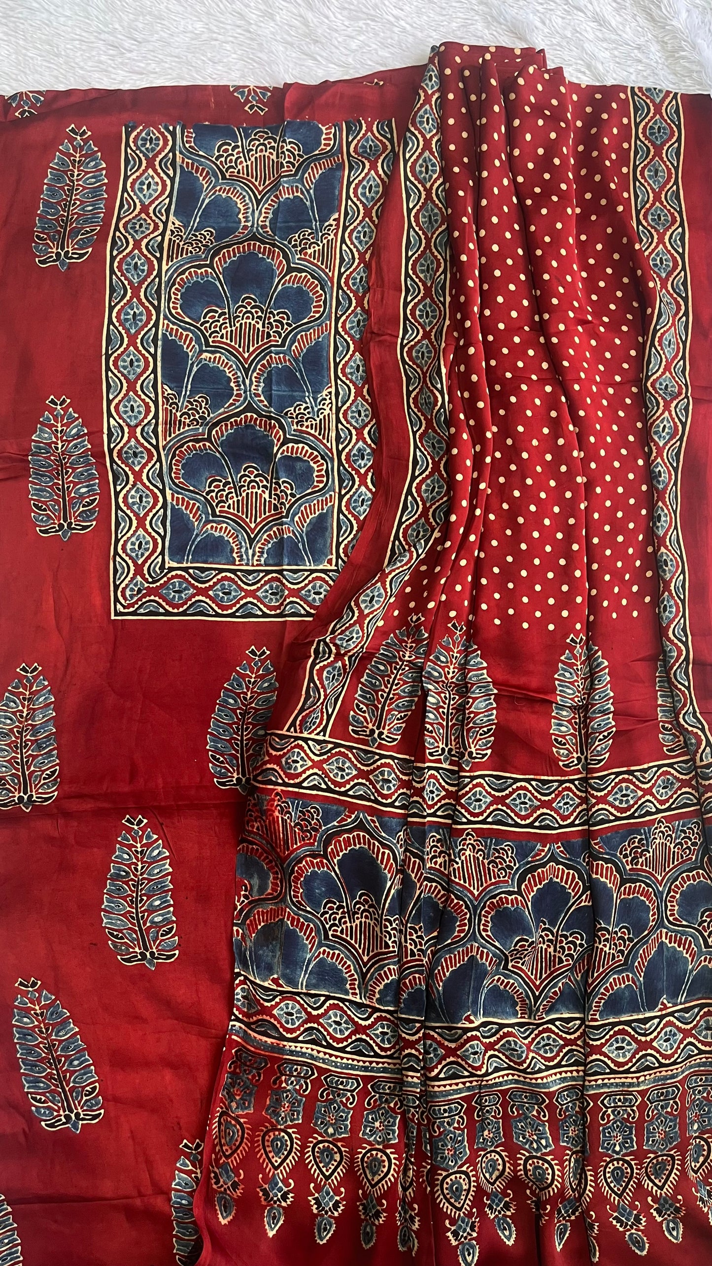 Deep Red Asopallav Buta Print Modal Silk Ajrakh Natural Dyed Hand Block Print 2pc Suit Material Set