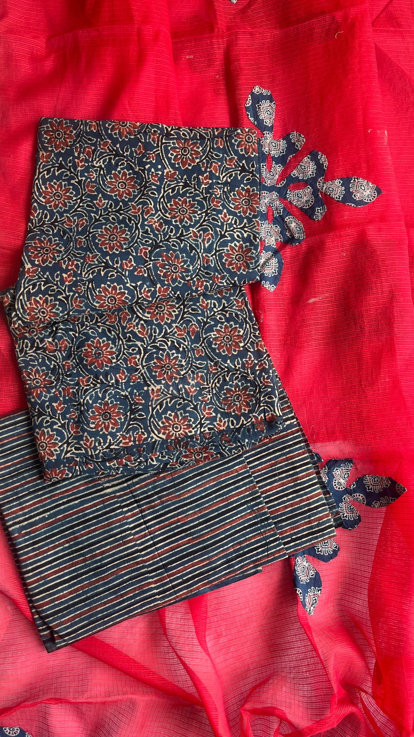 Blue and Red Pure Cotton Ajrakh Unstitched Suit Set with Ajrakh Applique Kota Dupatta