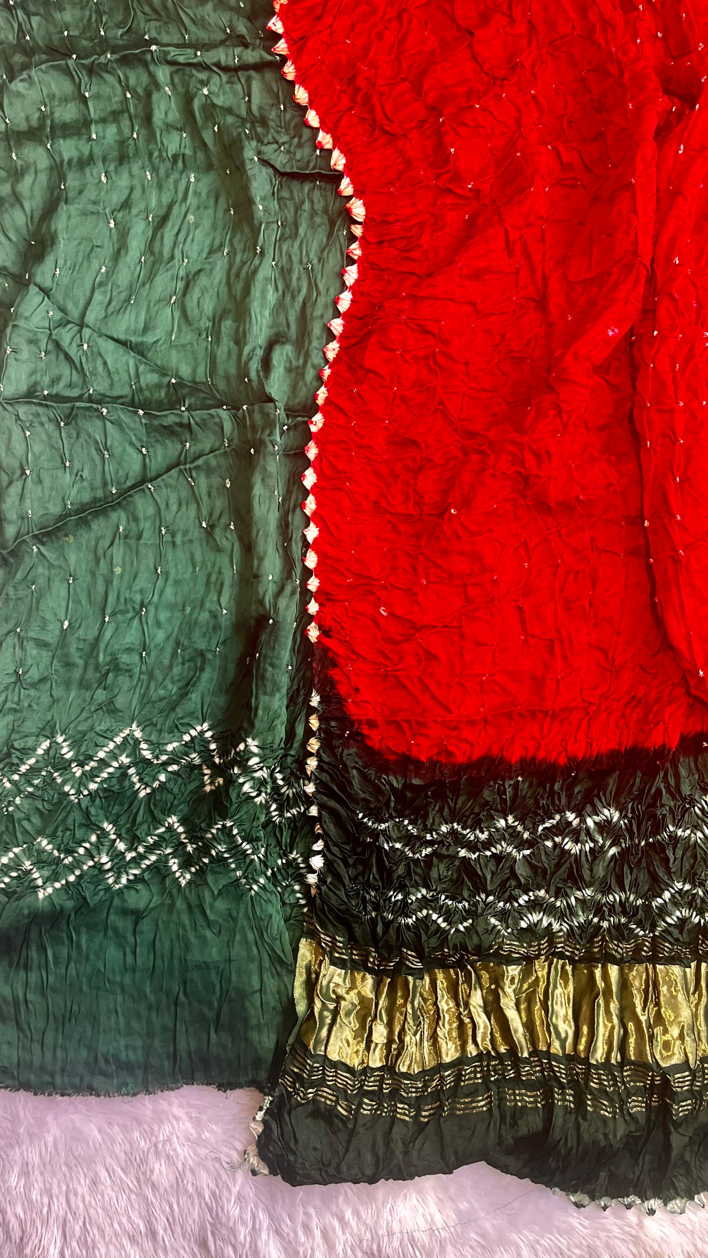 Green and Red Modal Silk Hand Block Print Pure Bandhej 2pc Suit Material Set with Lagdi Patti Dupatta