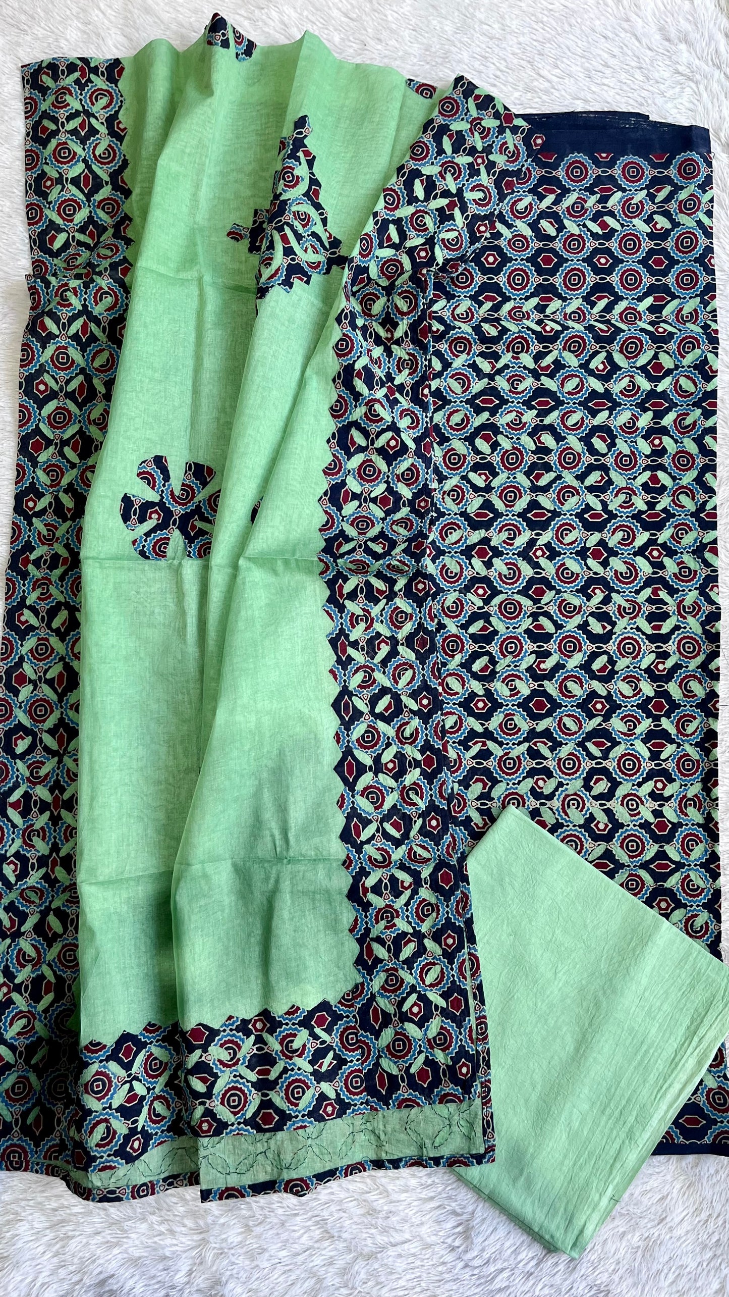 Black and Green Ajrakh Applique Cut Work Pure Cotton 3pc Suit Material Set