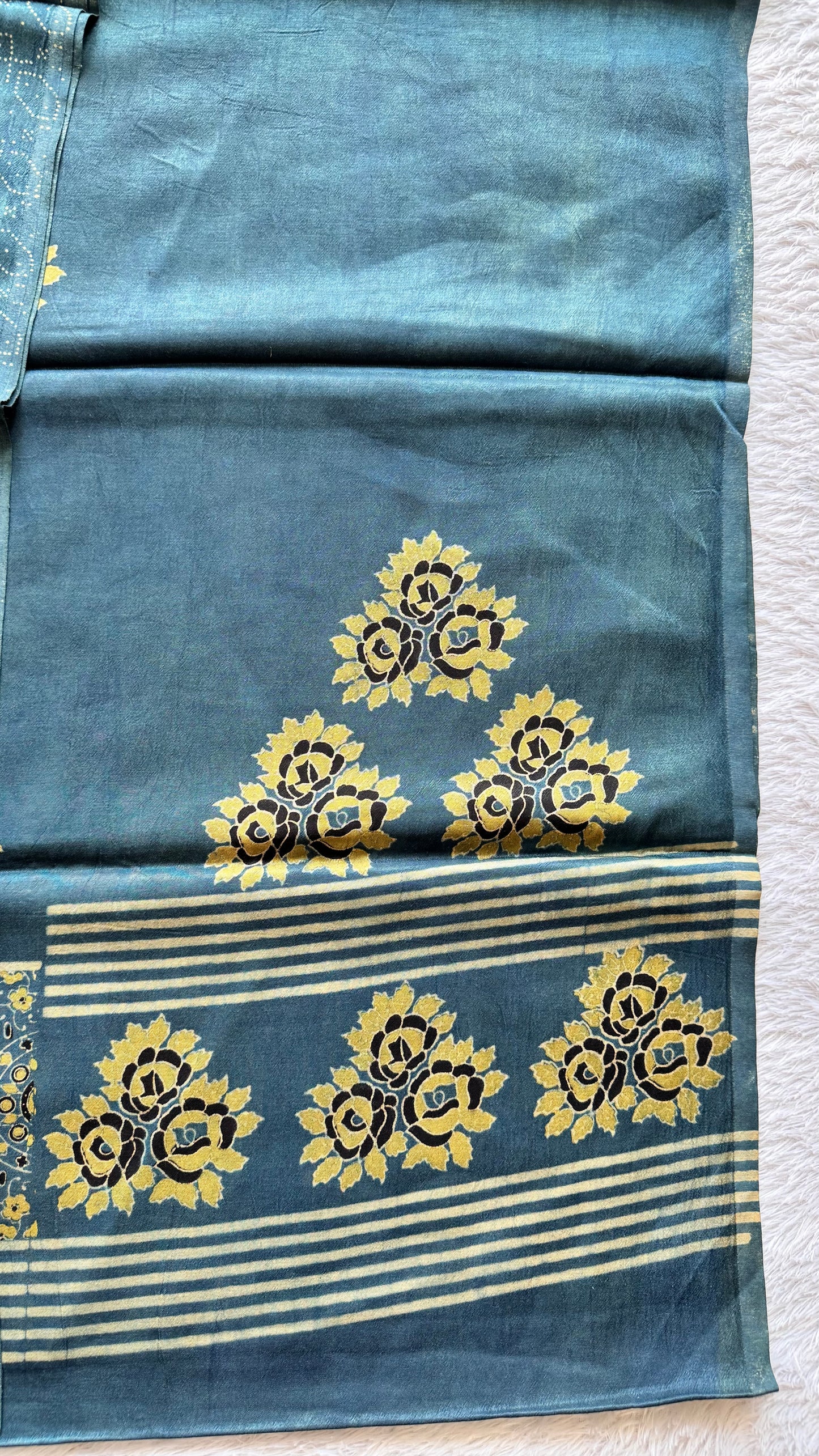 Indigo Floral Motif Ajrakh Hand Block Print Mashru Silk 3 pc Suit Material with Modal Silk Dupatta