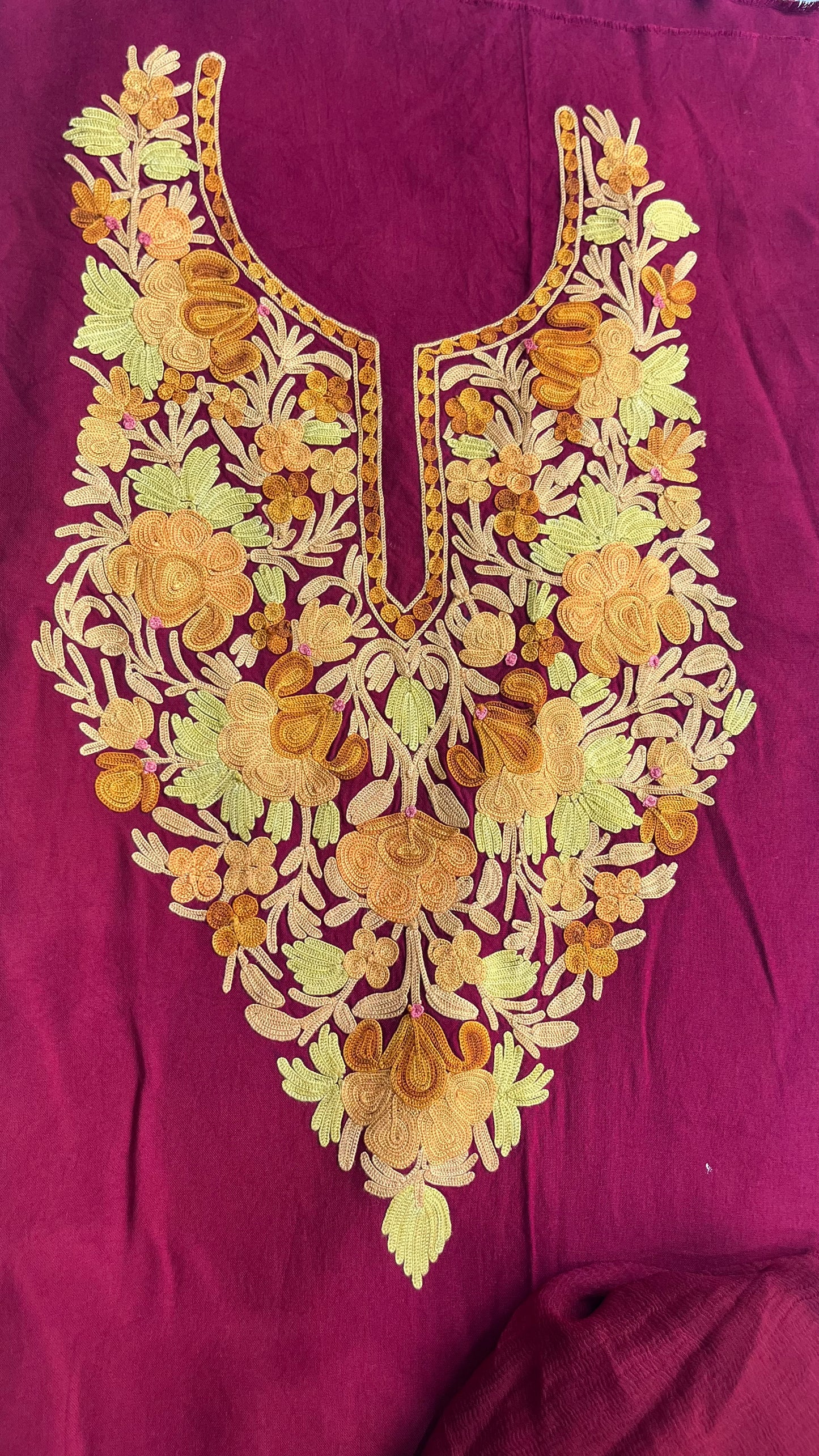 Deep Maroon with Mustard Muslin Cotton Kashmiri Aari Embroidered 3pc Suit Set