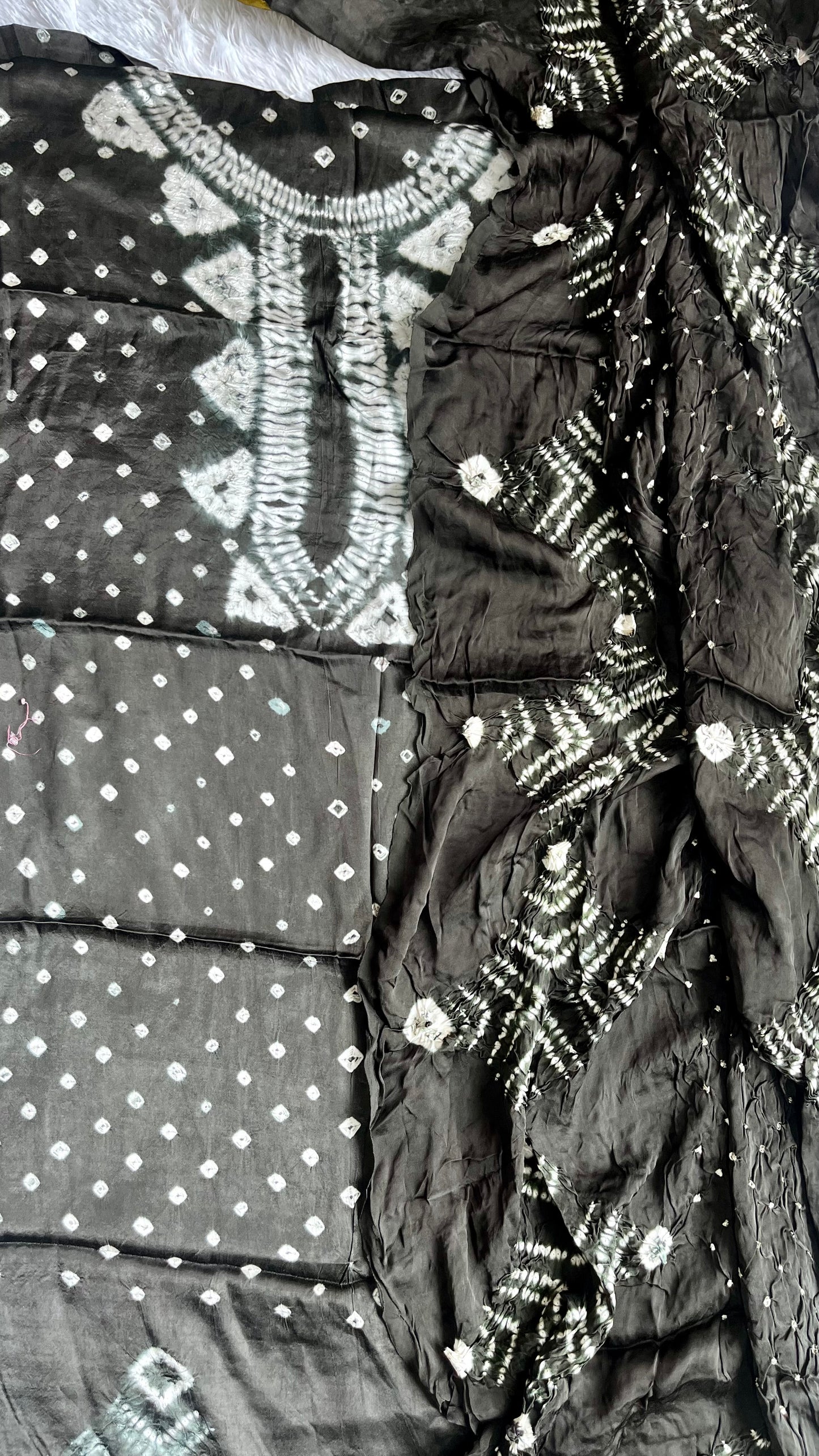 Black Bandhej Semi Modal Silk 3 pc Suit Set with Lagdi Patti Dupatta