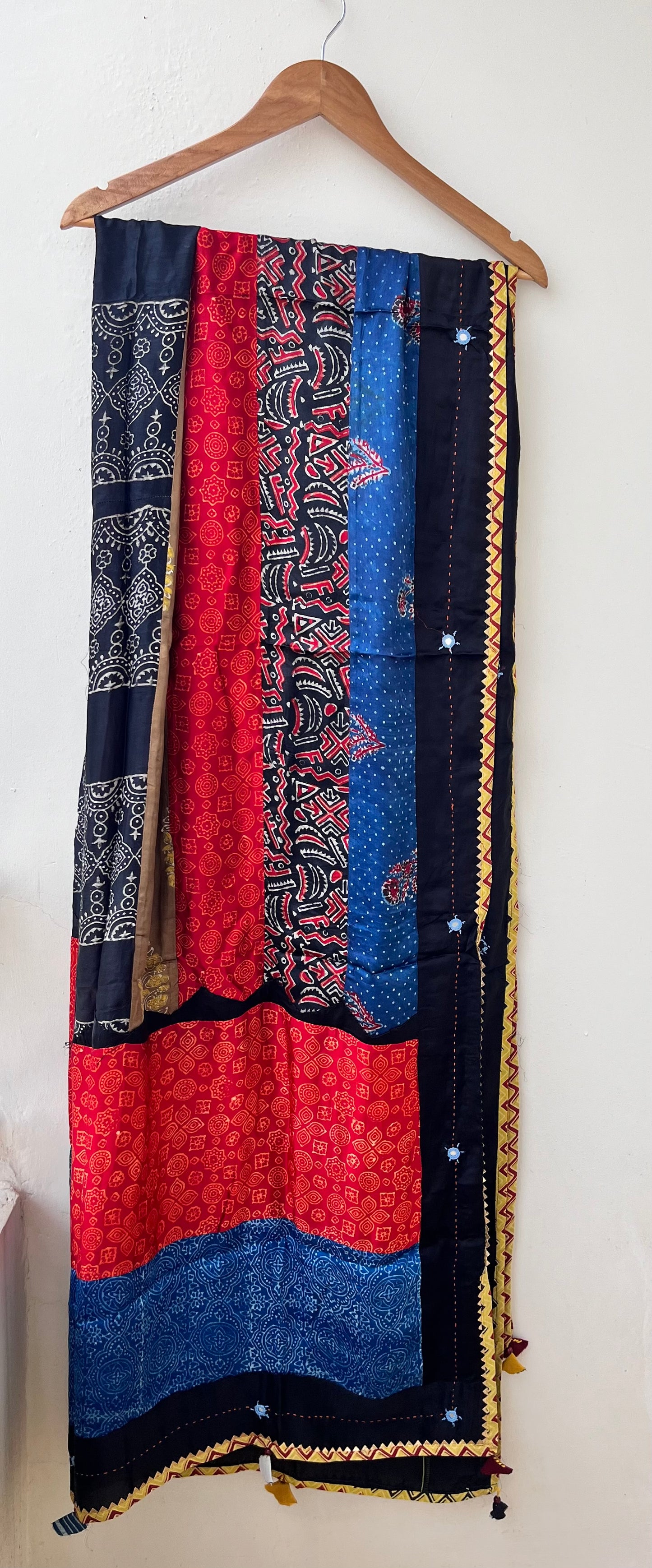 Multi Shade Ajrakh Applique Patchwork Modal Silk Kantha Work Dupatta with Tassels and Mirror-work