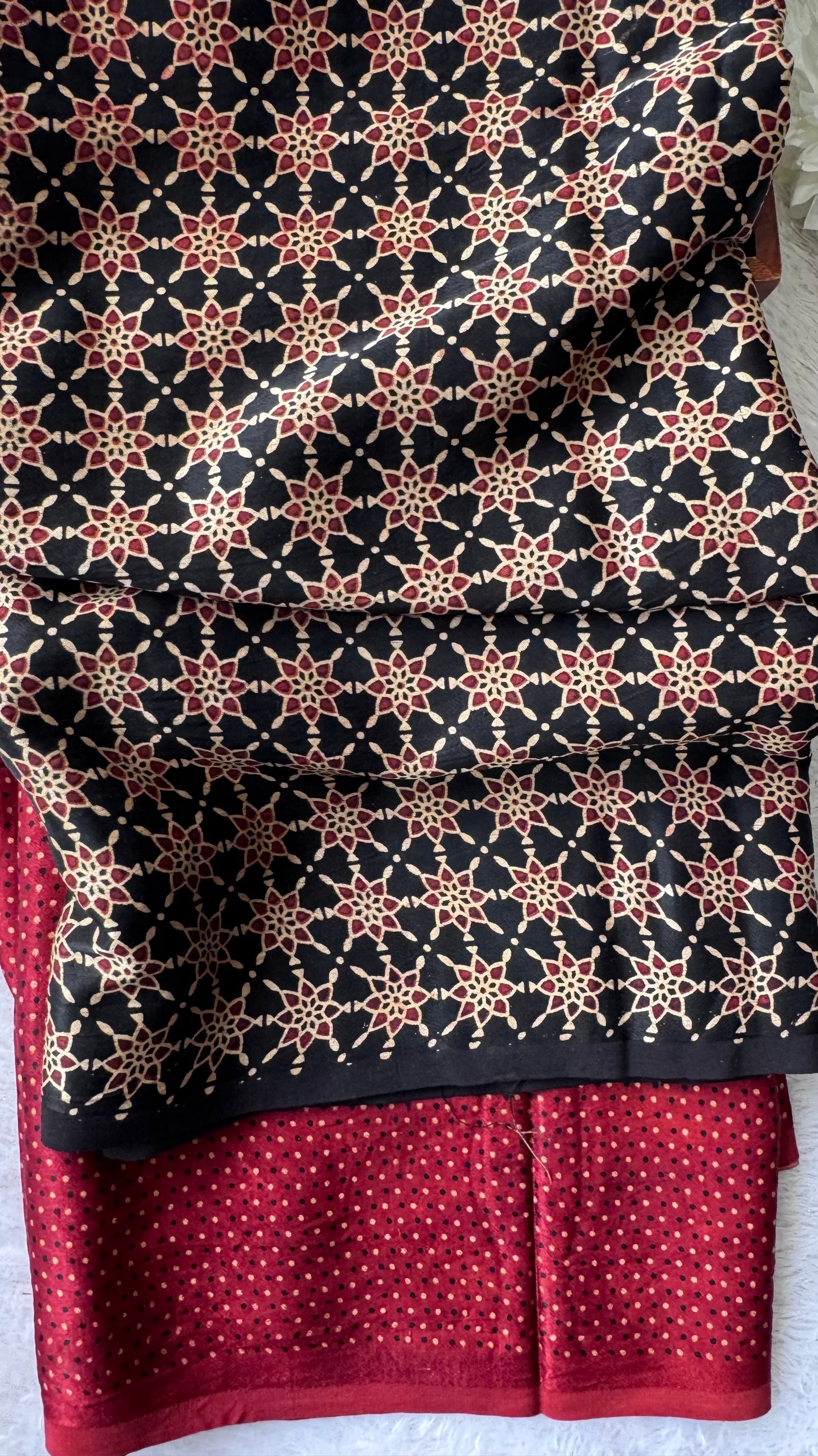 Black and Red Jaal Motif and Asopallav Ajrakh Mashru Silk Kurta Pant Fabric