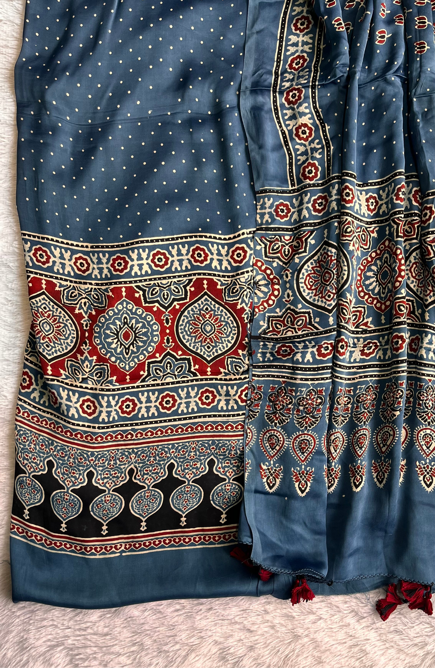 Blue Polka and Kamal Buti Ajrakh Motif Hand Block Print 2 pc Modal Silk Suit Material