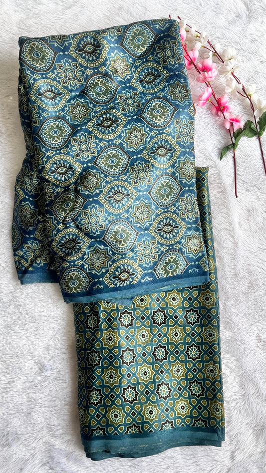 Indigo Badaam Booti Motif Mashru Silk Ajrakh Hand Block 2 pc Suit Set (Top and Bottom)