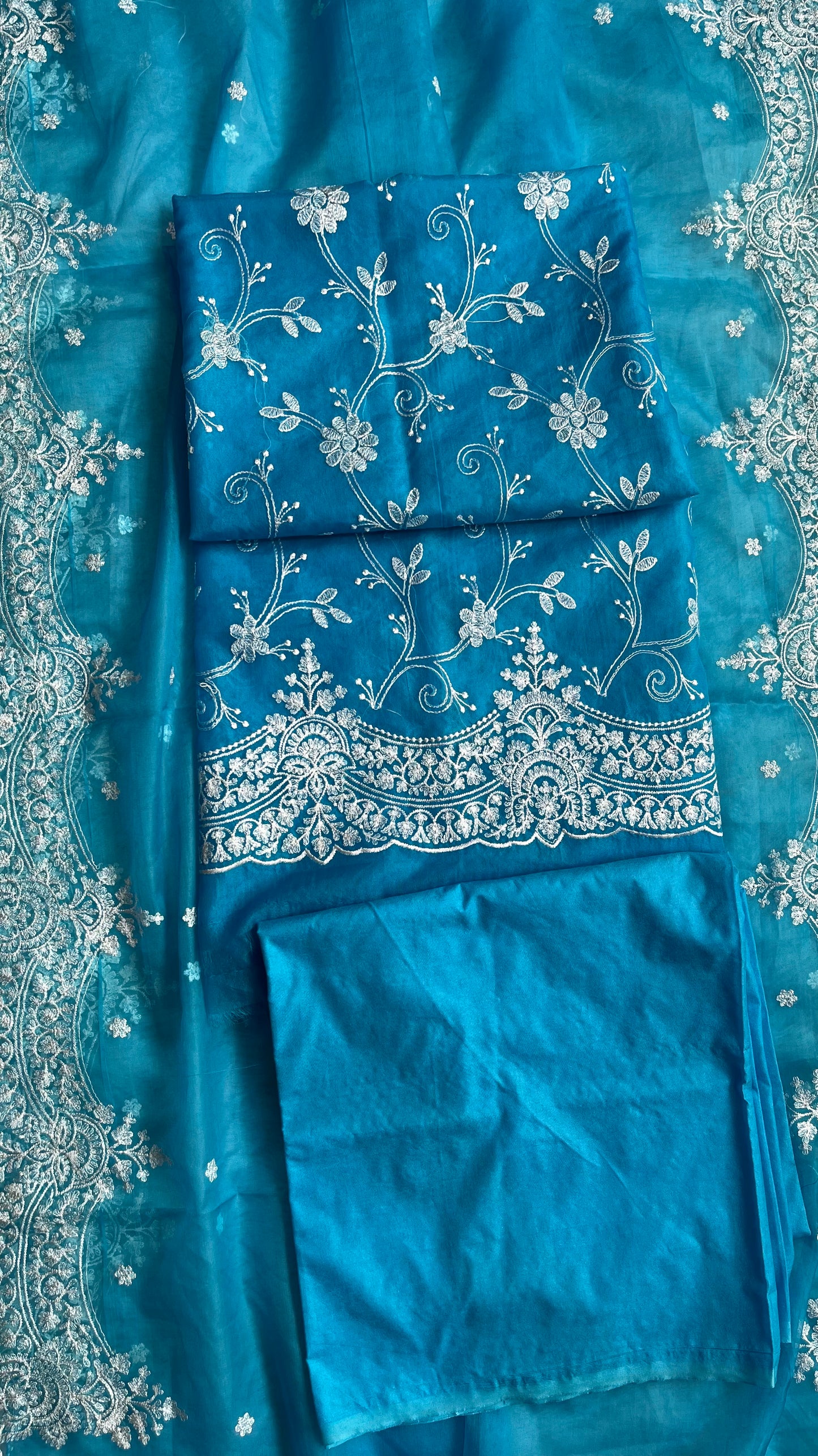 Aqua Blue Blue Banarasi Tissue Silk 3-Piece Suit with Threadwork & Organza Dupatta