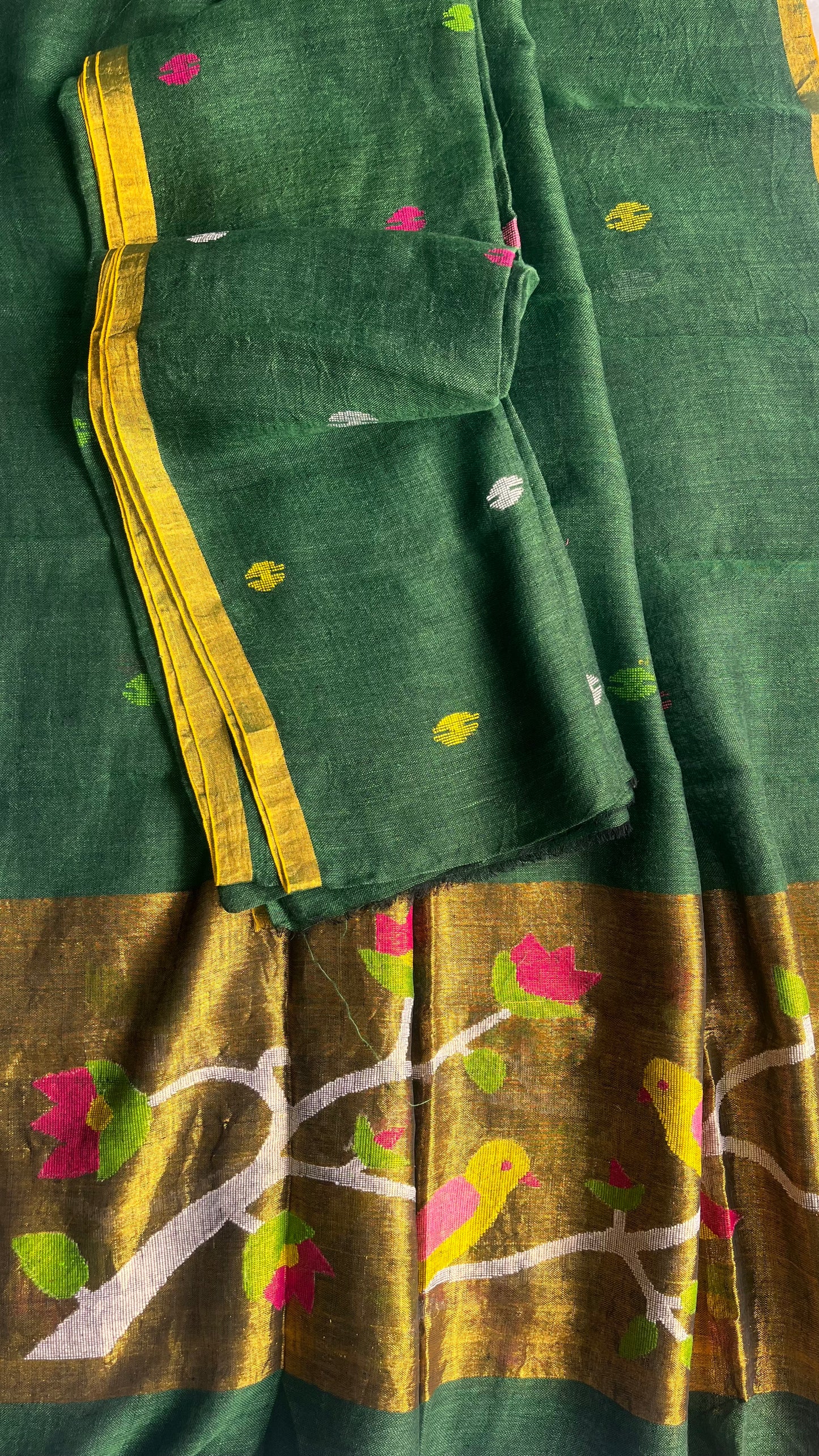 Gracious Green Paithani Unstitched Pure Linen on Linen Hand Woven Daman 2 pc Suit Set