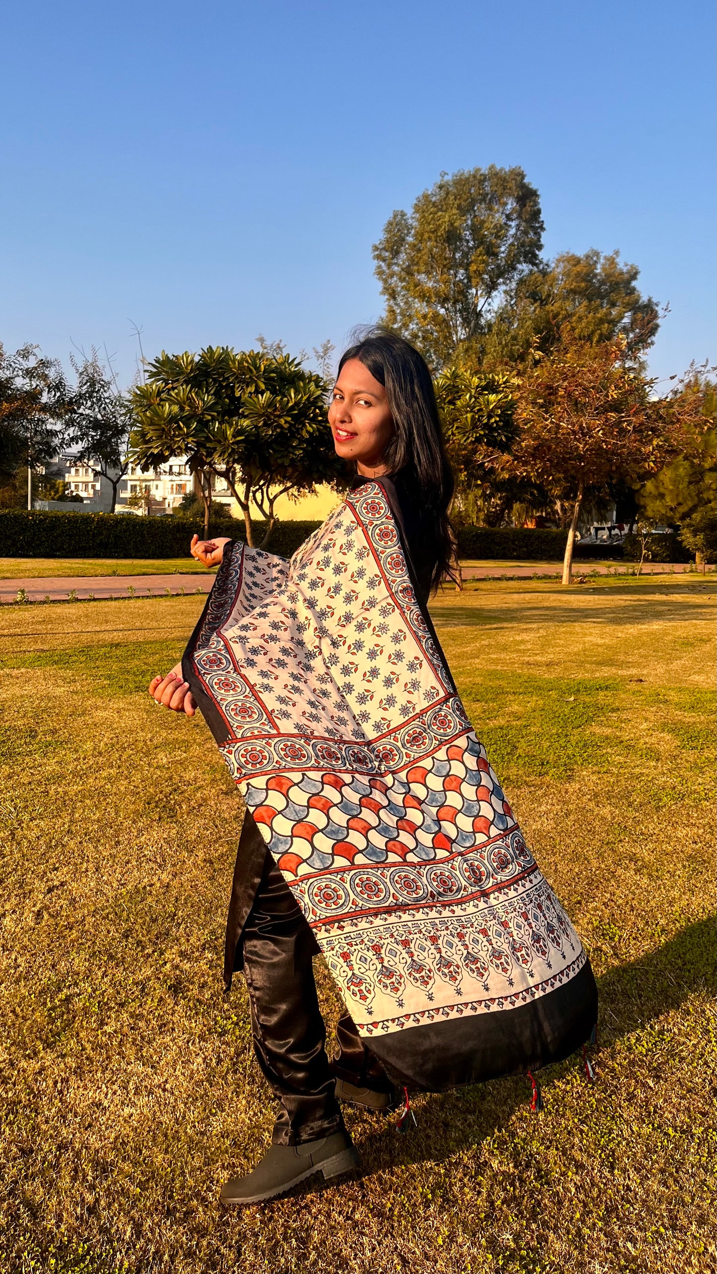 Cream shade Booti Motif Ajrakh Hand Block Print Modal Silk Stole with Tassels