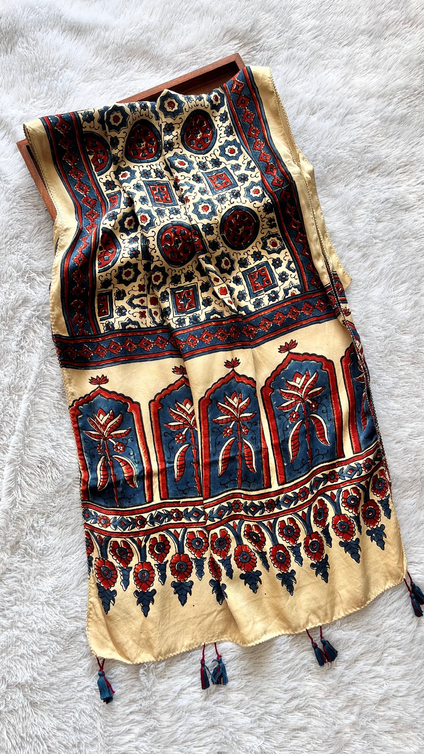Off White Abstract Motif Ajrakh Hand Block Print Modal Silk Stole with Tassels