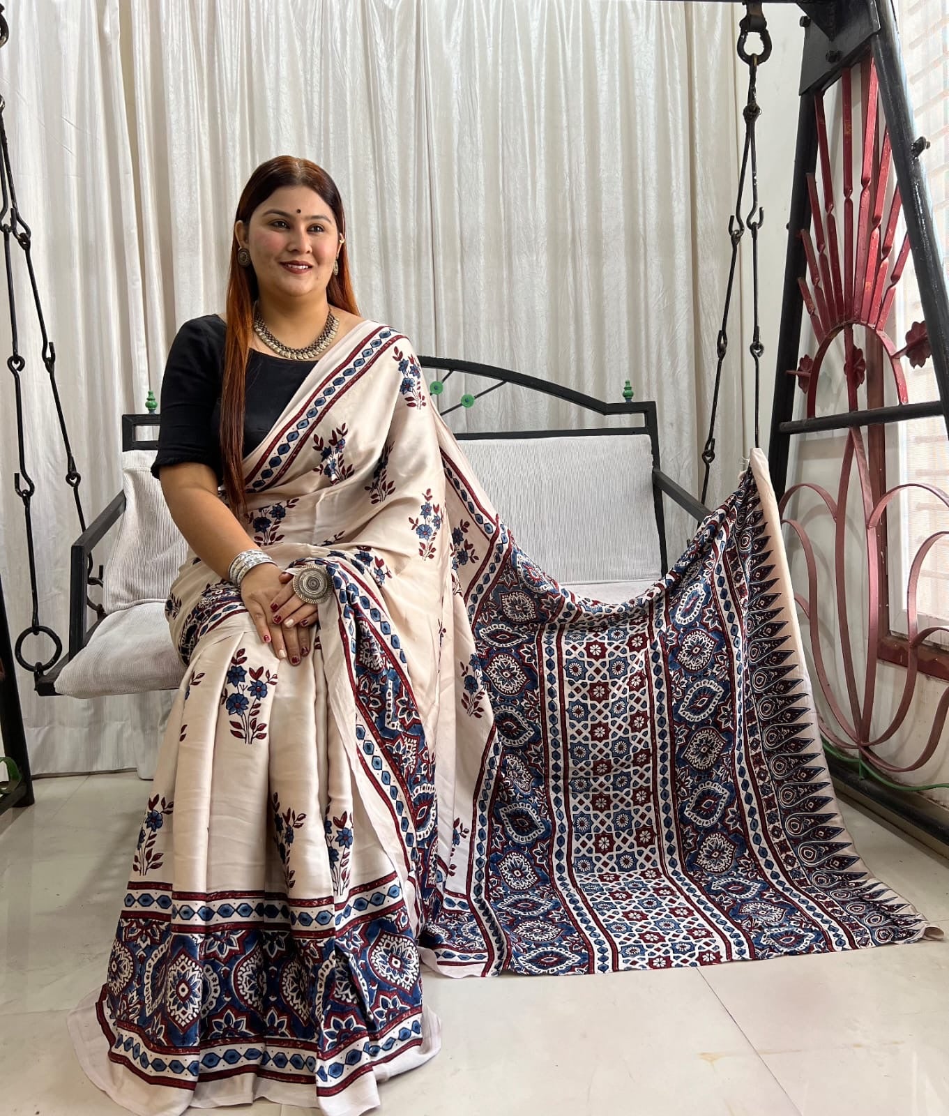 Off white and Blue Buta Motif Modal Silk Saree With Blouse