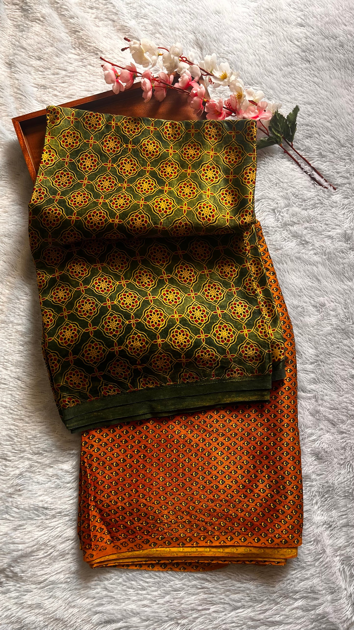 Green and Yellow Jaal Motif and Asopallav Ajrakh Mashru Silk Kurta Pant Fabric