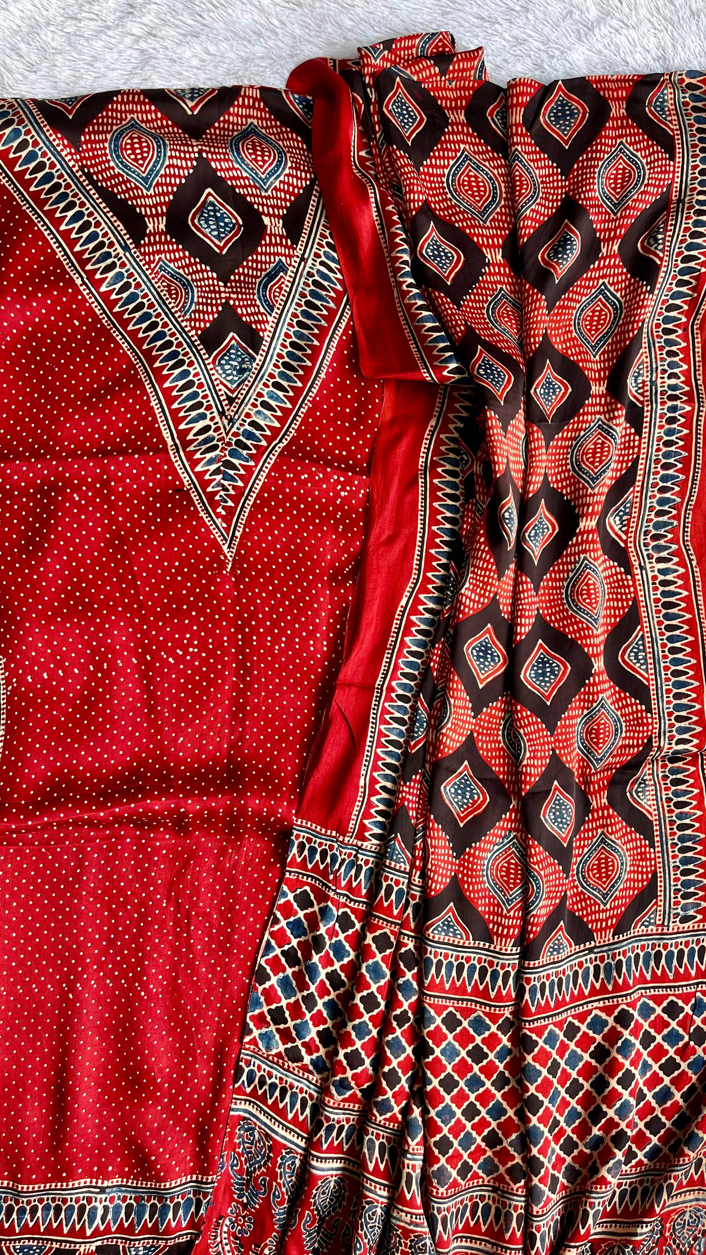 Deep Red Grid Print Ajrakh Motif Modal Silk 2pc Suit Set Material