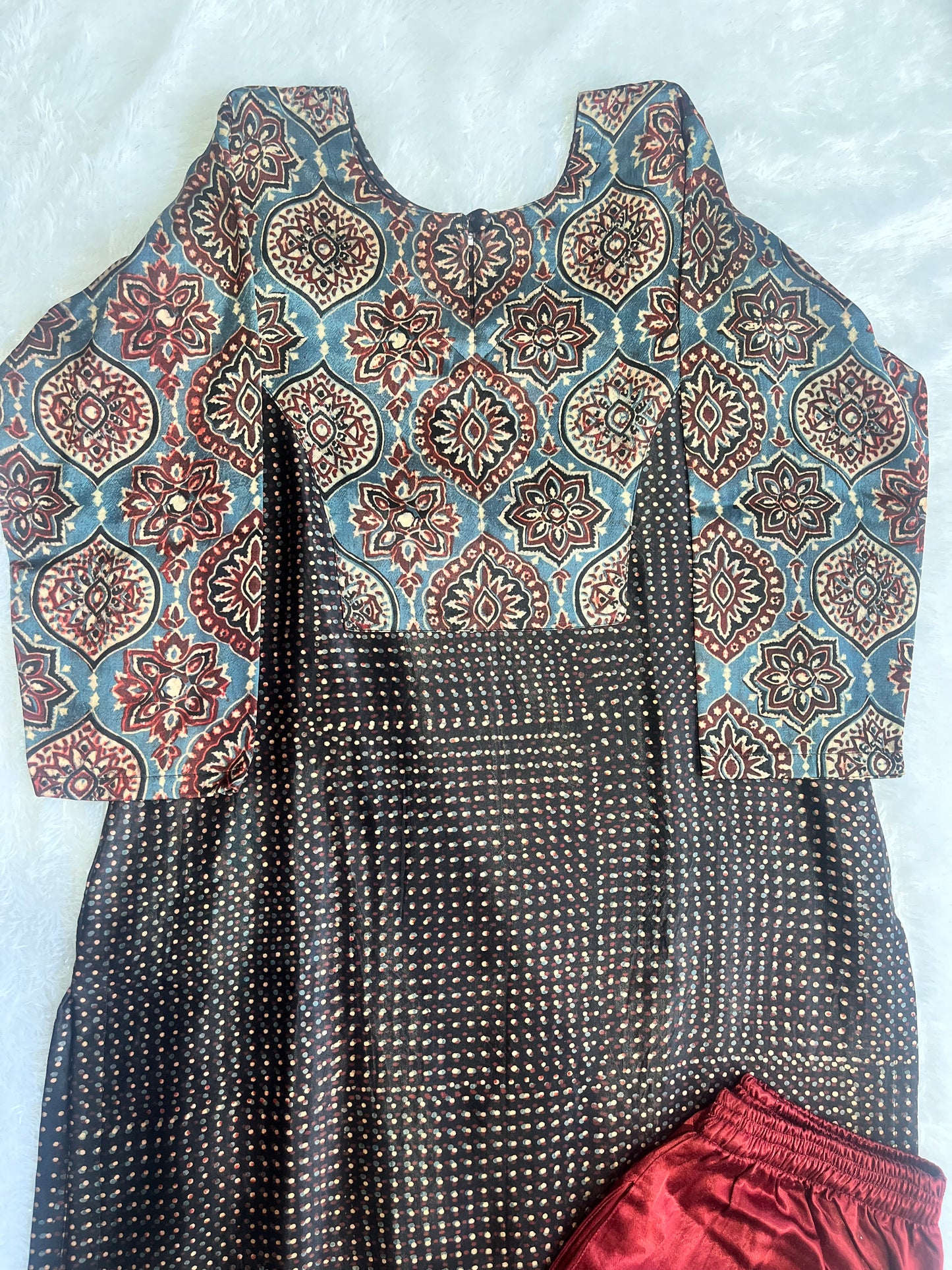 Black and Maroon Mashru Silk Ajrakh Hand Block Print Kurta Pant Set