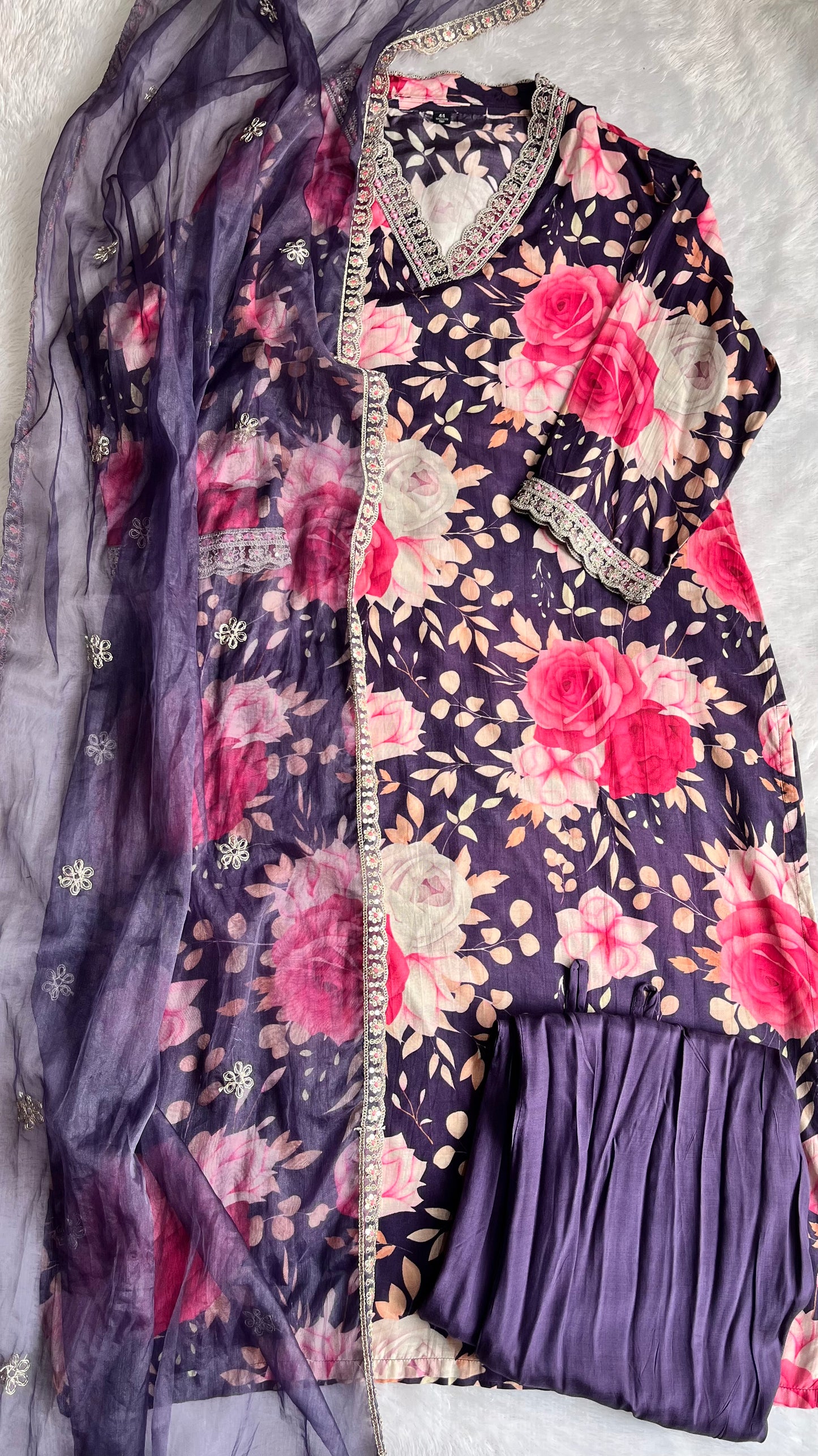 Jaamni Floral Print Muslin Suit Set with Organza Dupatta