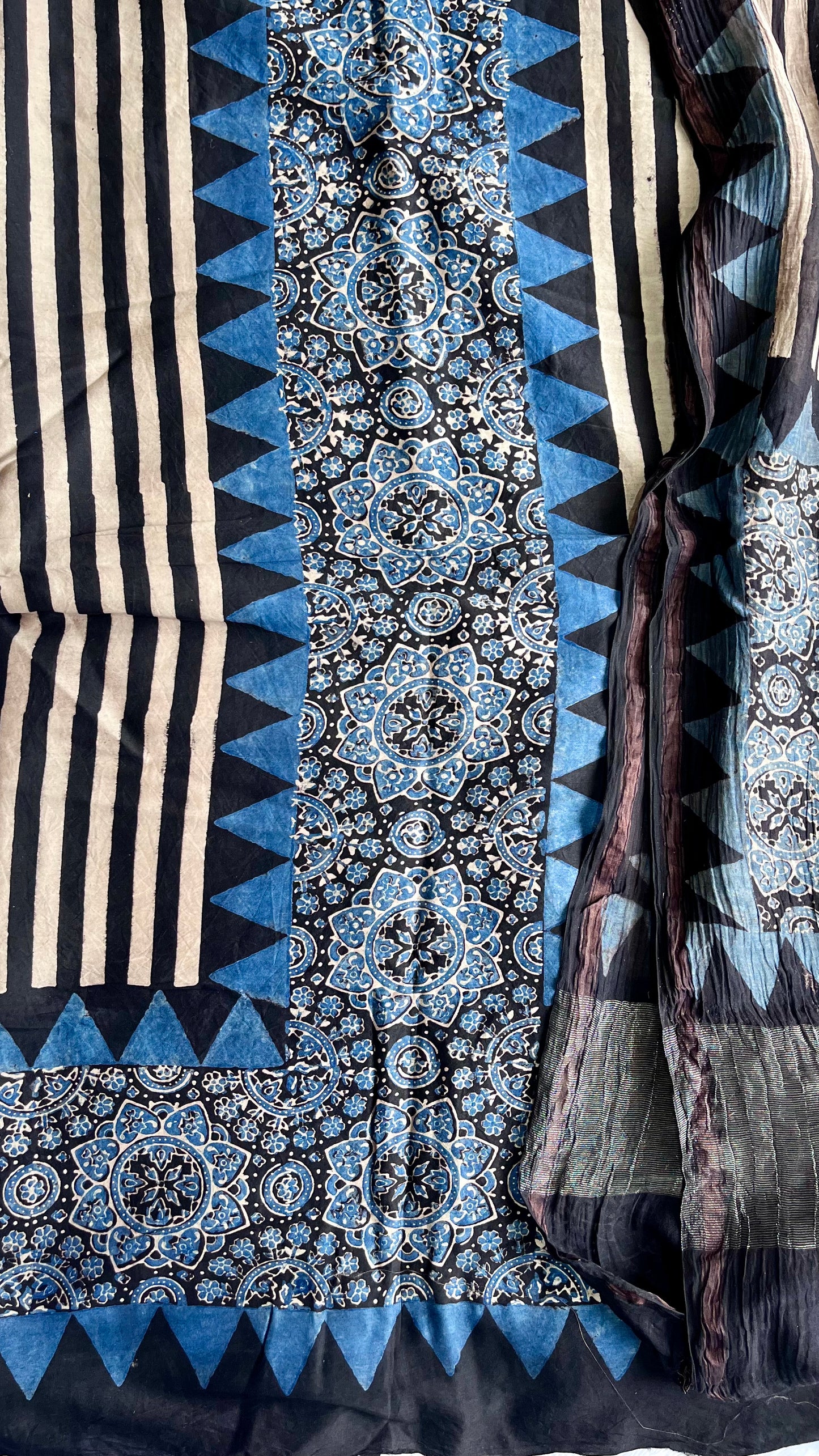 Indigo Dhaaridar Chanderi Silk 2pc Suit Set with Mirror-work and Kantha Work Dupatta