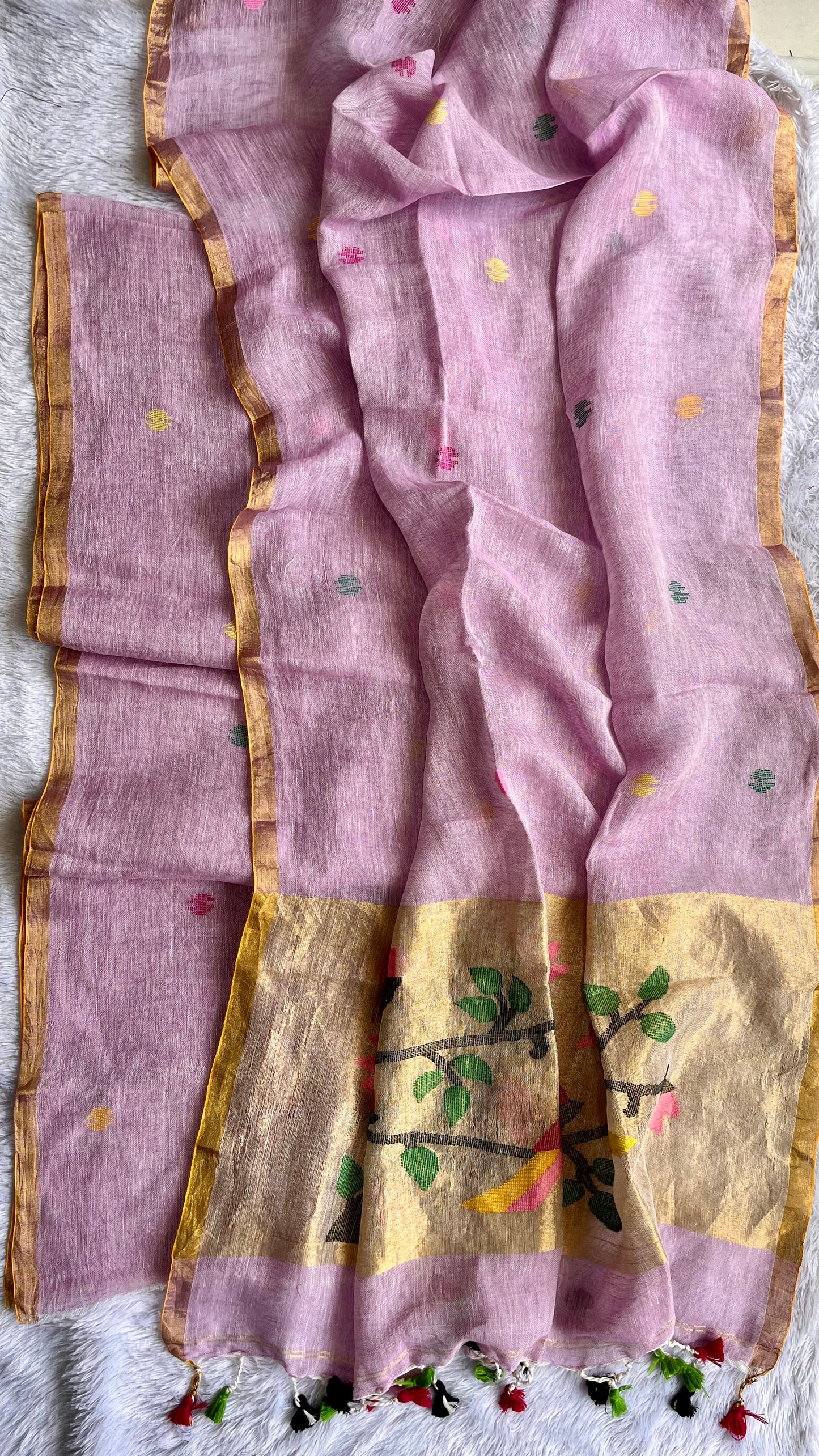 Rose Pink Paithani Unstitched Pure Linen on Linen Hand Woven Daman 2 pc Suit Set