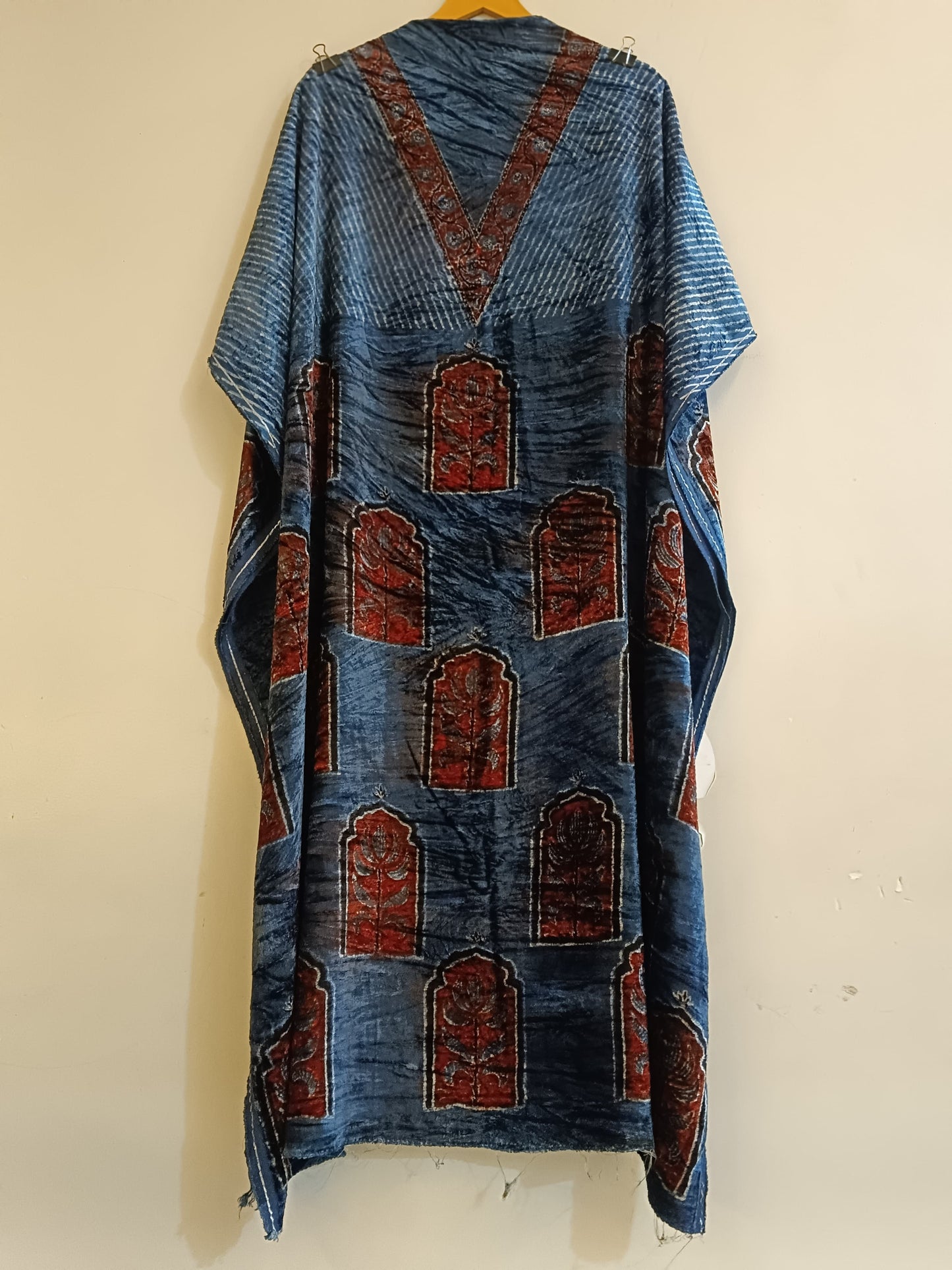 Blue and Red Jharokha Buta Velvet Fabric Ajrakh Hand Block Print Designer Unstitched Fabric (Kurta Only)