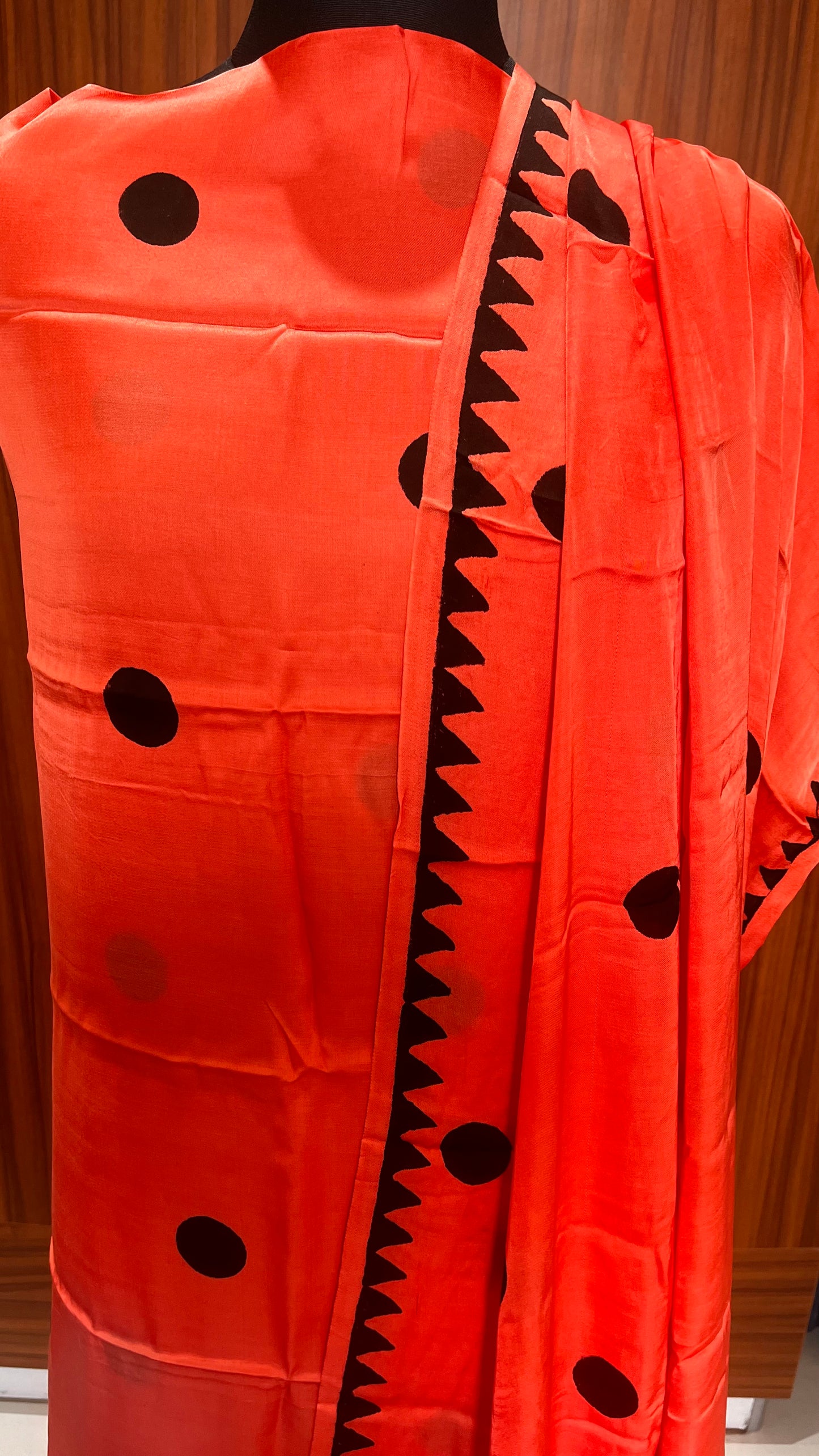 Peachish Orange Polka Motif Pure Modal Silk 2pc Suit Set with Lagdi Patti Dupatta