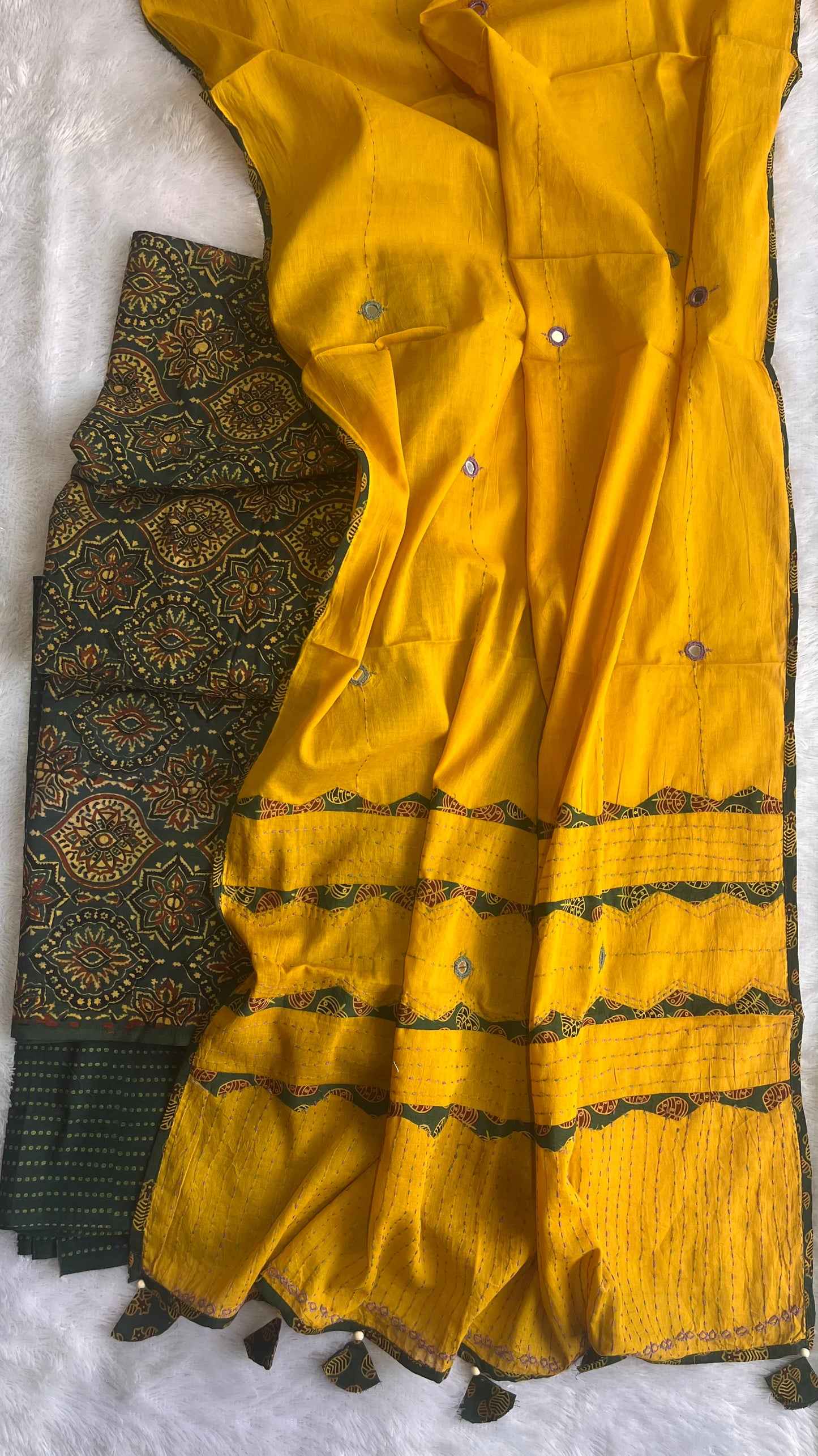 Forest Green Badaam Buti Ajrakh Unstitched Suit Set with Cotton Applique Work Dupatta