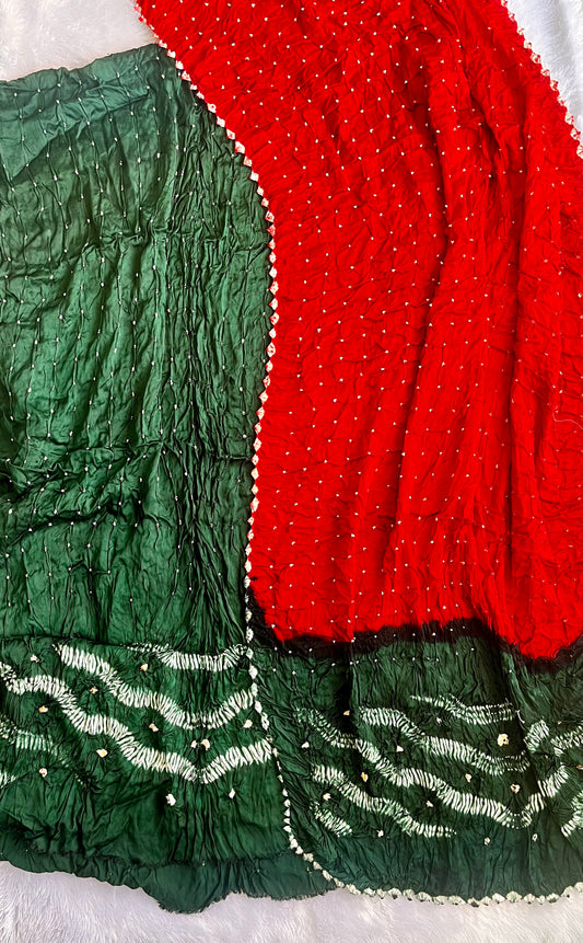 Forest Green and Red Modal Silk Hand Block Pure Bandhej 2pc Suit Set