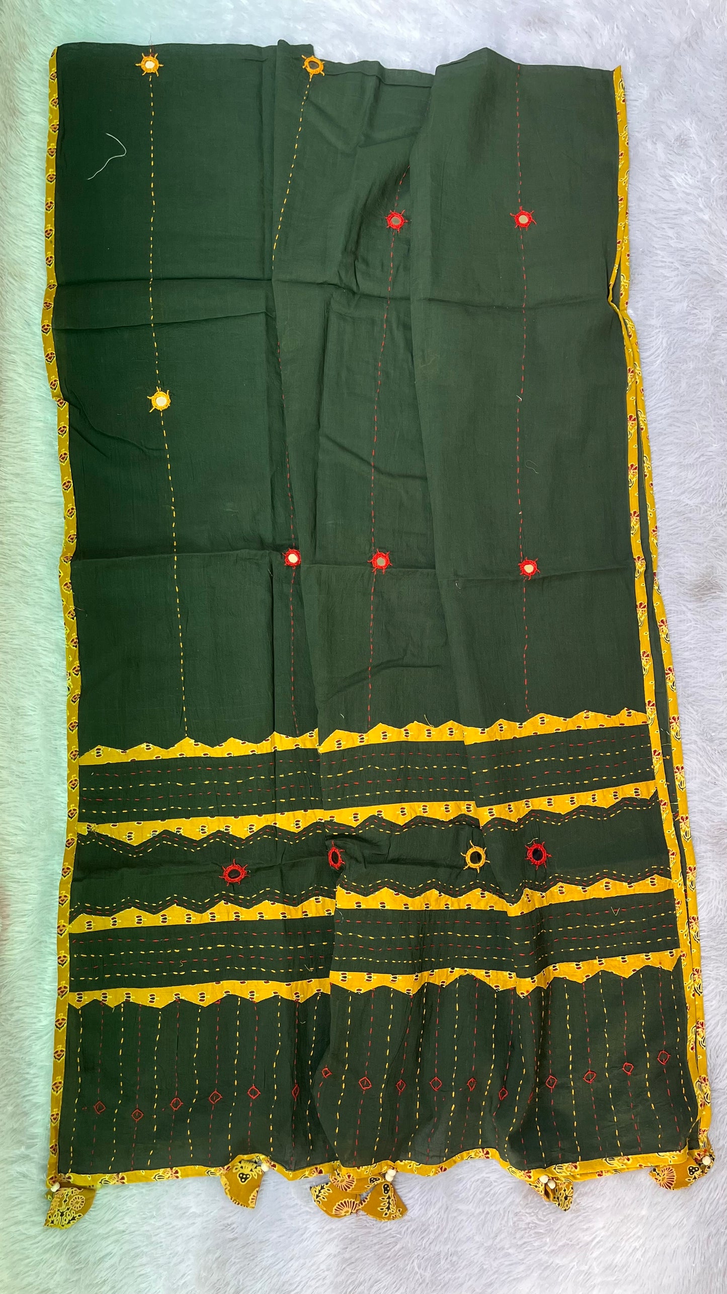 Green and Yellow Ajrakh Applique Patchwork Cotton Dupatta with Mirror Work