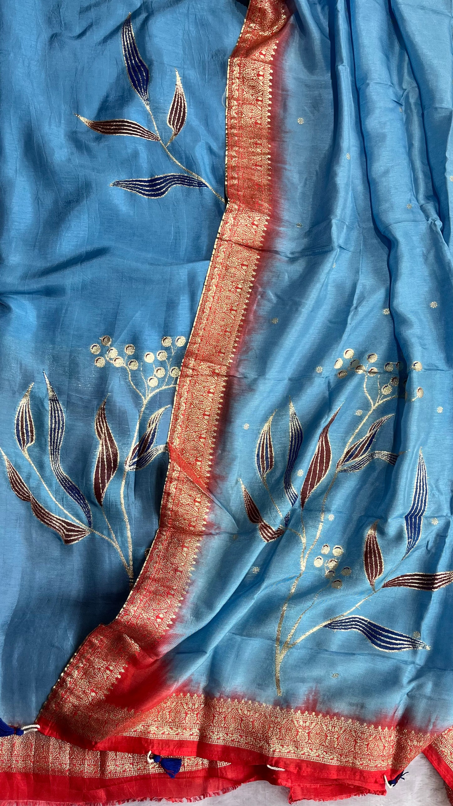 Sky Blue Dola Silk Hand Brush Print 2pc Suit Material Set with Zari Pallu and Full Finish with Tassels