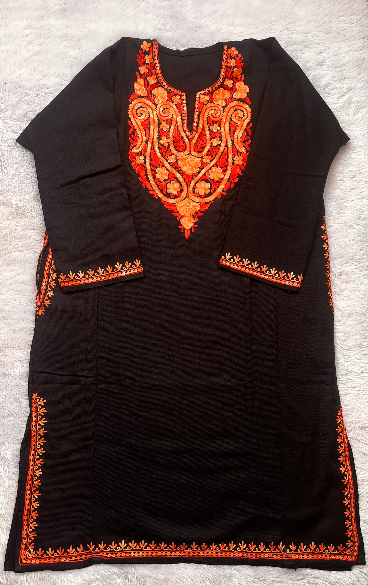 Black with Salmon Pink Kashmiri Aari Work Full Embroidered Pheran with Pockets