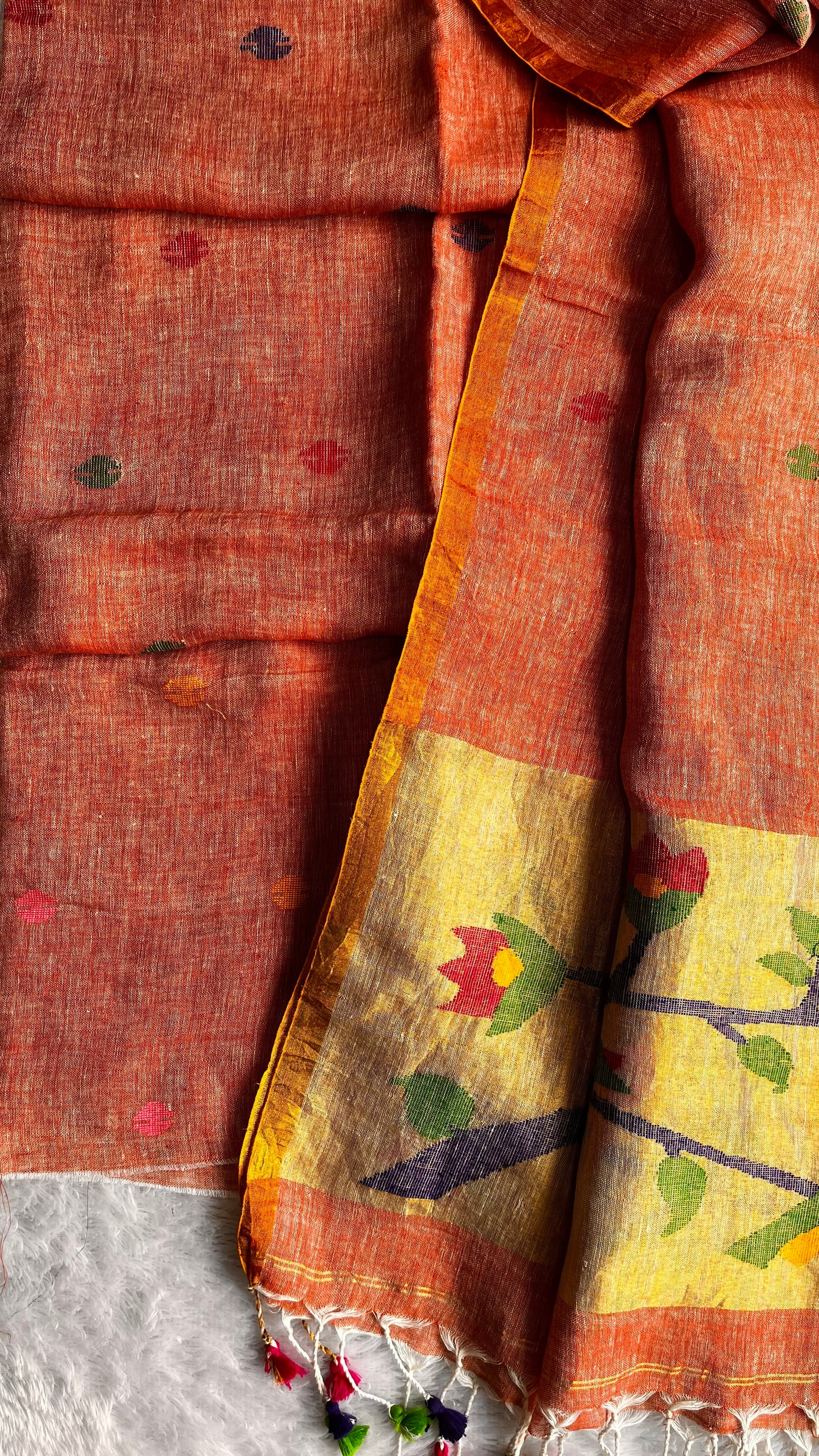 Peach me Please Paithani Unstitched Pure Linen on Linen Hand Woven Daman 2 pc Suit Set