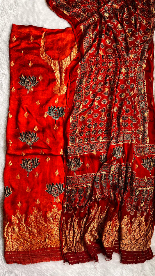 Ravishing Red Ajrakh Dola Silk Hand Block Print 2 pc Suit Material Set with Nakkashi Border
