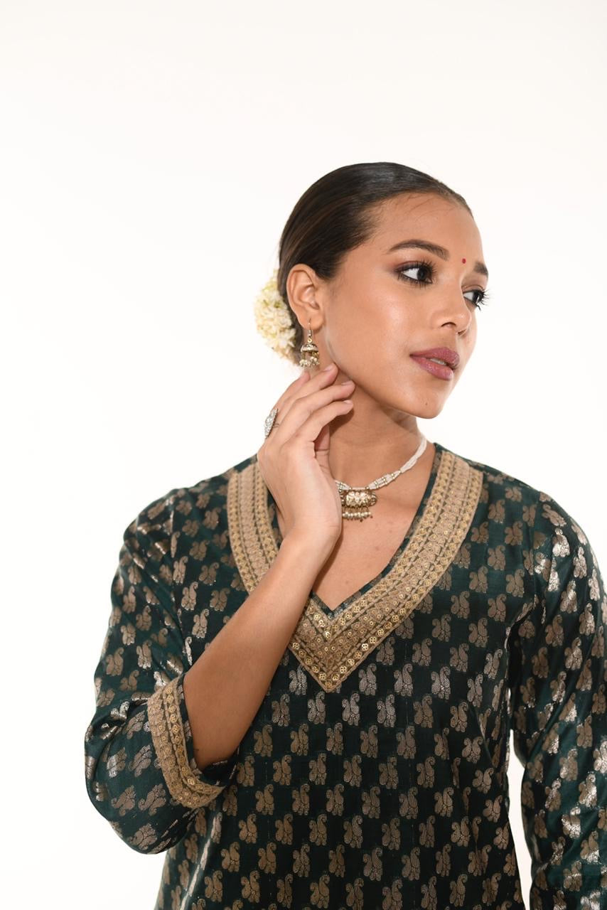 Emerald Green Banarasi Chanderi Silk Suit Set