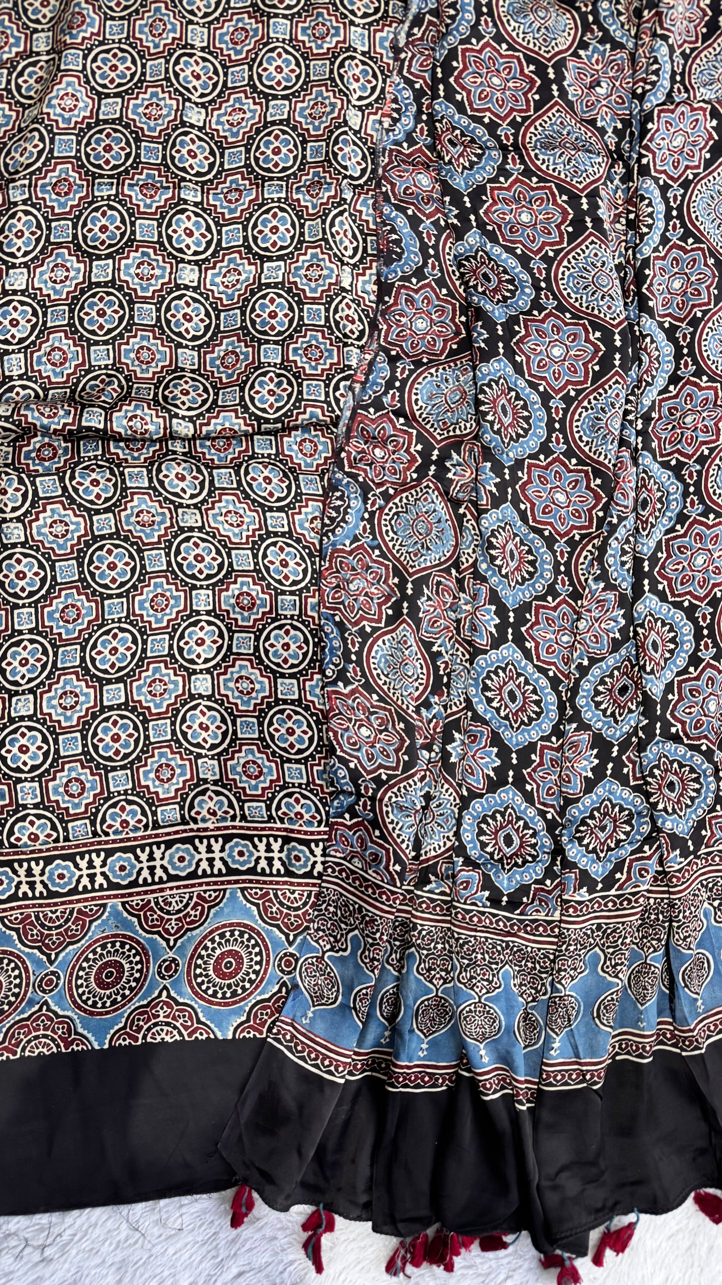 Black Shade Grid and Badaam Buta Modal Silk Ajrakh Hand Block Print 2pc Suit Material Set with Modal Silk Dupatta