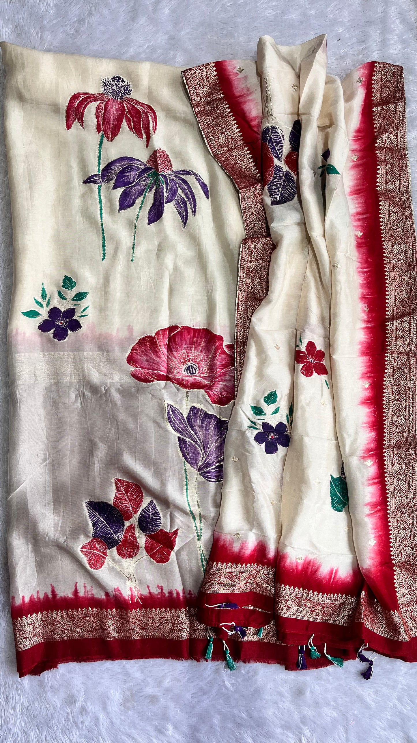 Pearl White Dola Silk Hand Brush Print 2pc Suit Material Set with Zari Pallu and Full Finish with Tassels