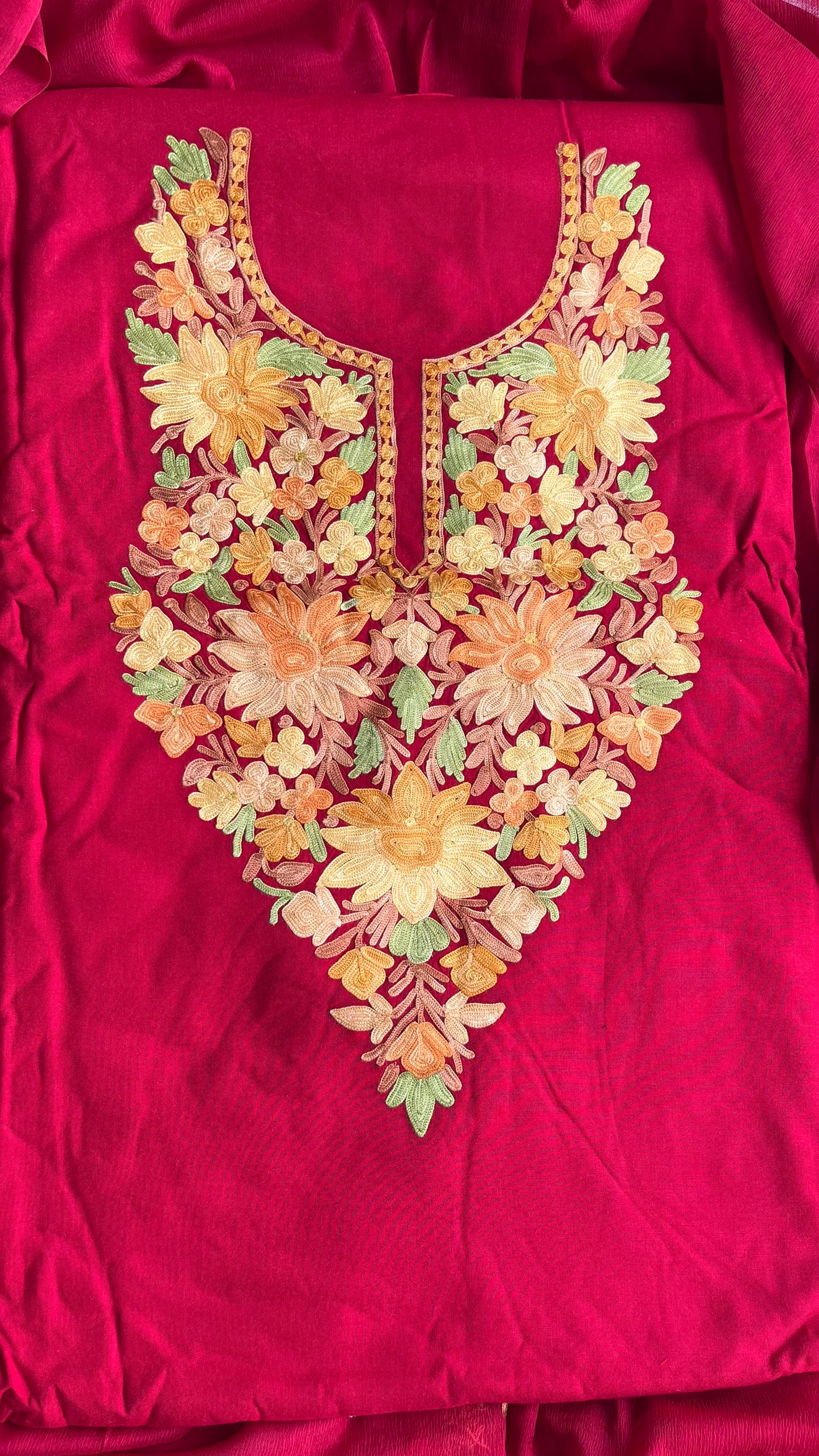 Rare Red with Mustard Work Muslin Cotton Kashmiri Aari Embroidered 3pc Suit Set