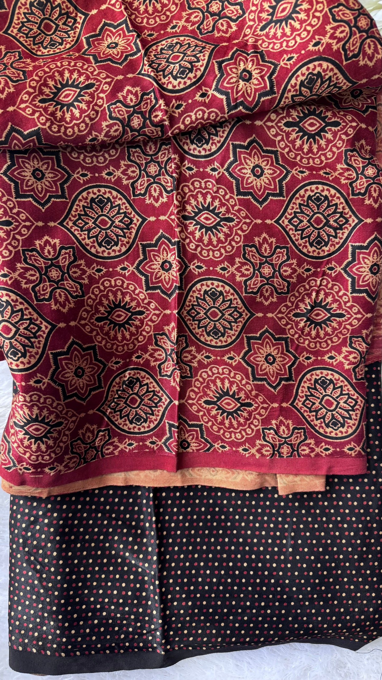 Red Badaam Buta Motif Ajrakh Mashru Silk Kurta Pant Fabric