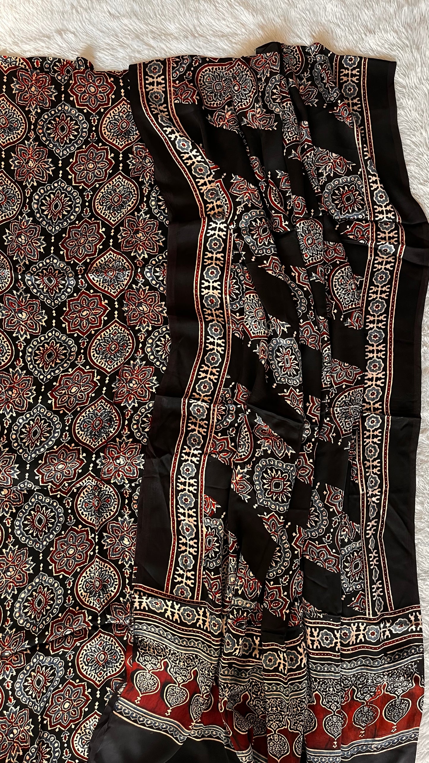 Jet Black Classic Badaam Buta Hand Block Print 2pc Suit Material Set with Modal Silk Dupatta