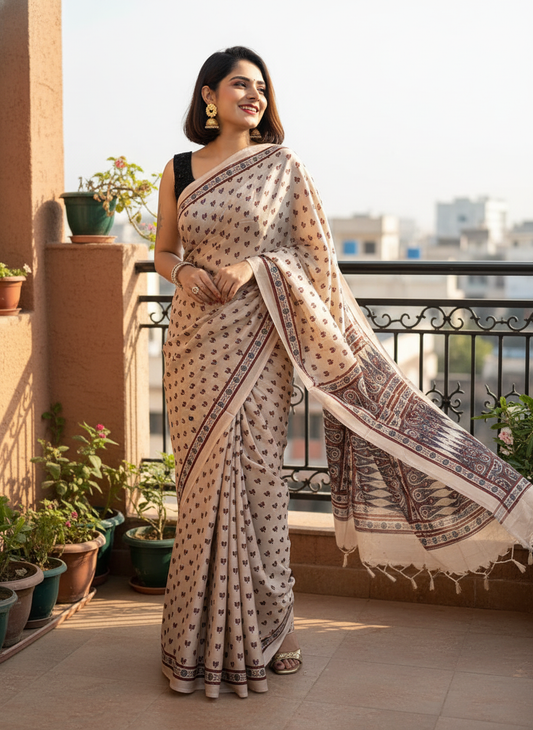 Off White Kamal Booti Ajrakh Hand Block Natural Dye Modal Silk Saree With Blouse