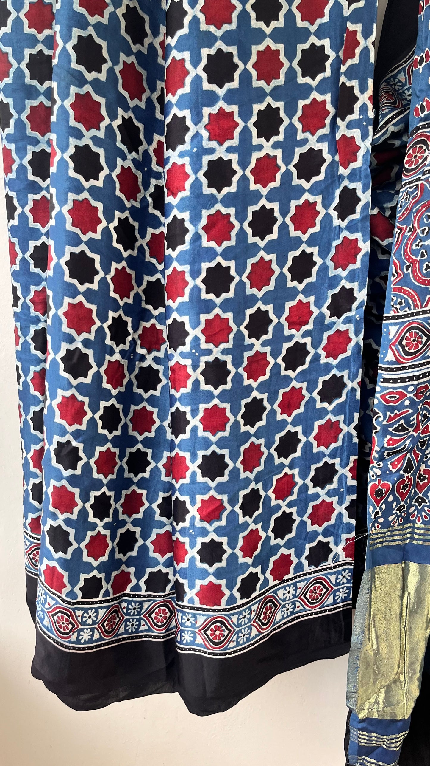 Blue Small Grid Motif Ajrakh Hand Block Natural Dye Modal Silk Lagdi Patti Saree With Blouse