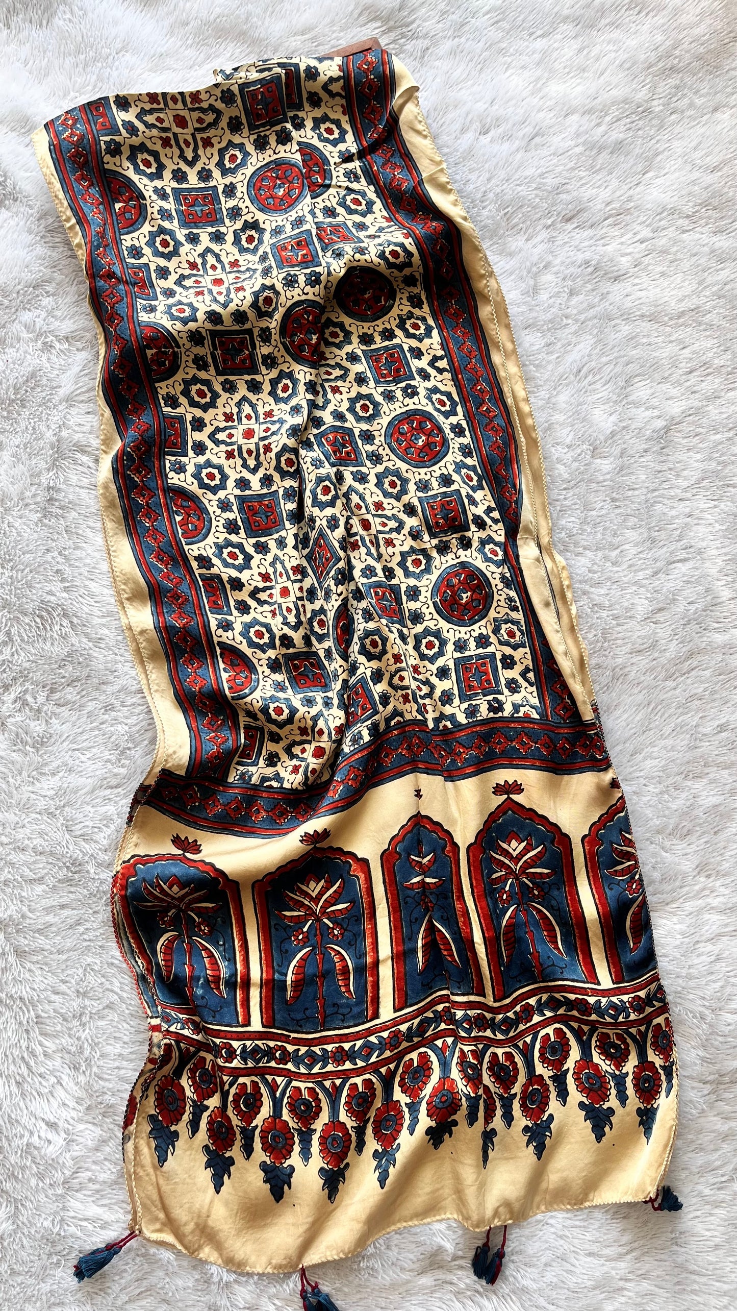 Off White Abstract Motif Ajrakh Hand Block Print Modal Silk Stole with Tassels