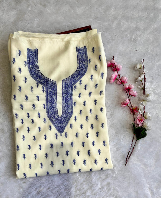 Pristine White with Blue Thread work Pure Cotton Kashmiri Aari Embroidered Co Ord 2 pc Set