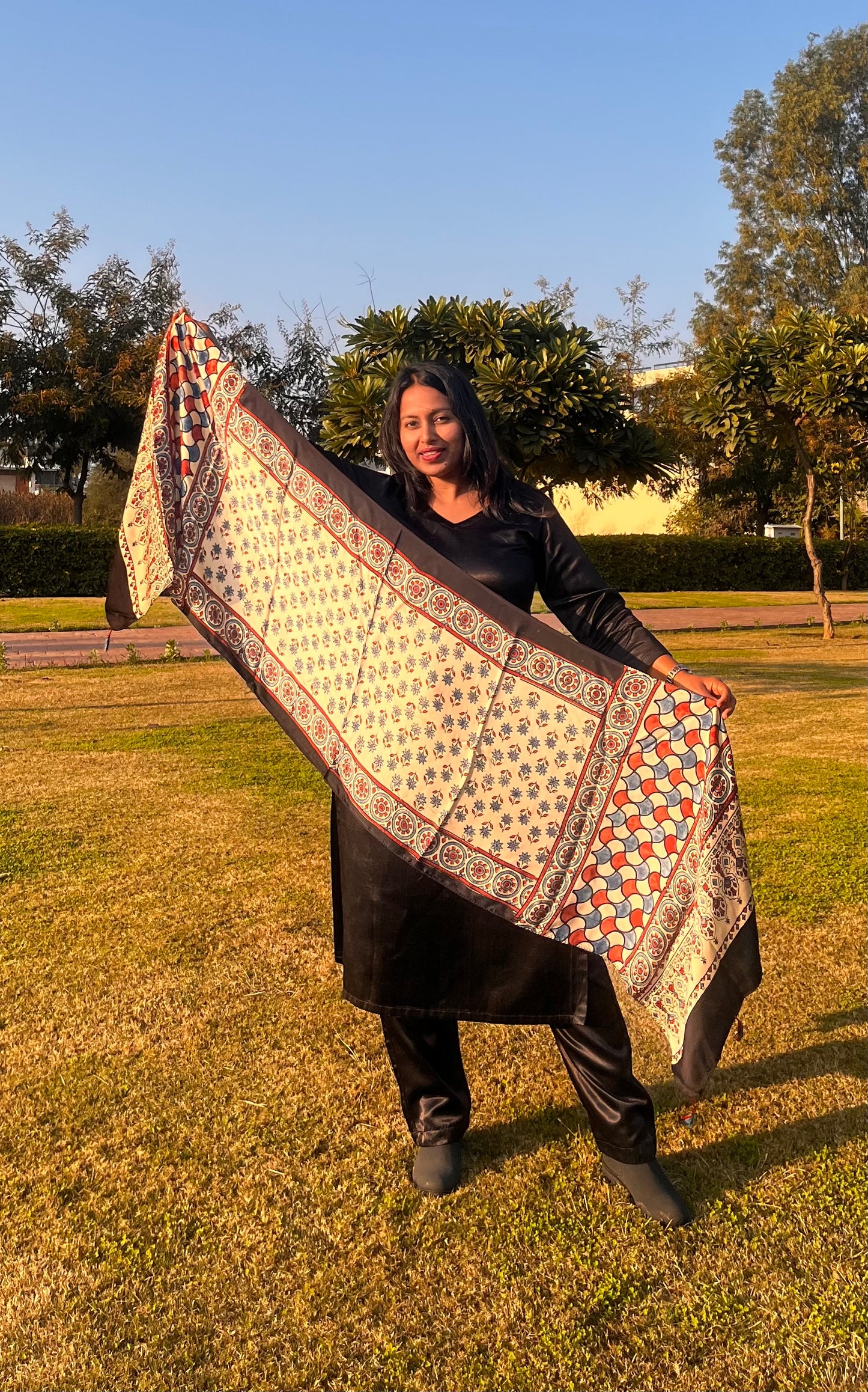 Cream shade Booti Motif Ajrakh Hand Block Print Modal Silk Stole with Tassels